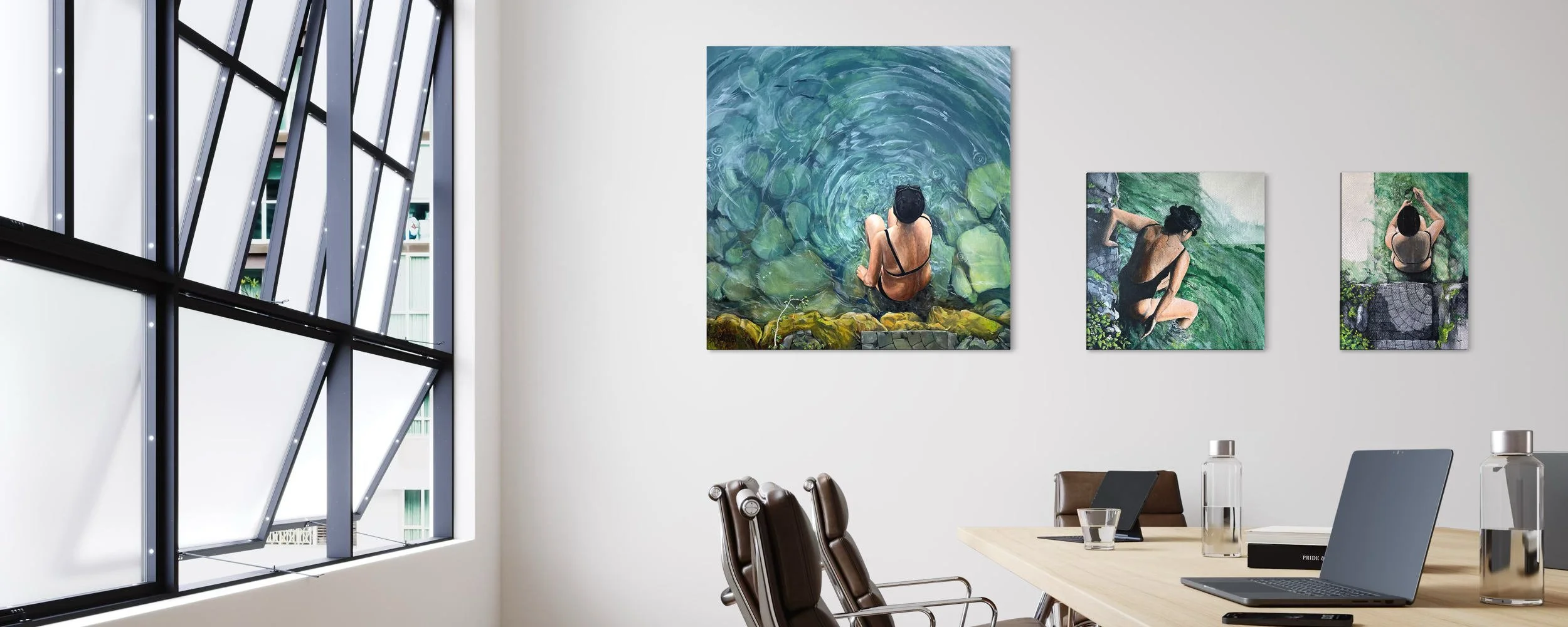 LA FILLE AU BORD DU LAC 100 x 100 - DOS NU 70 x 70 - GRAIN DE BEAUTÉ 70 x 50