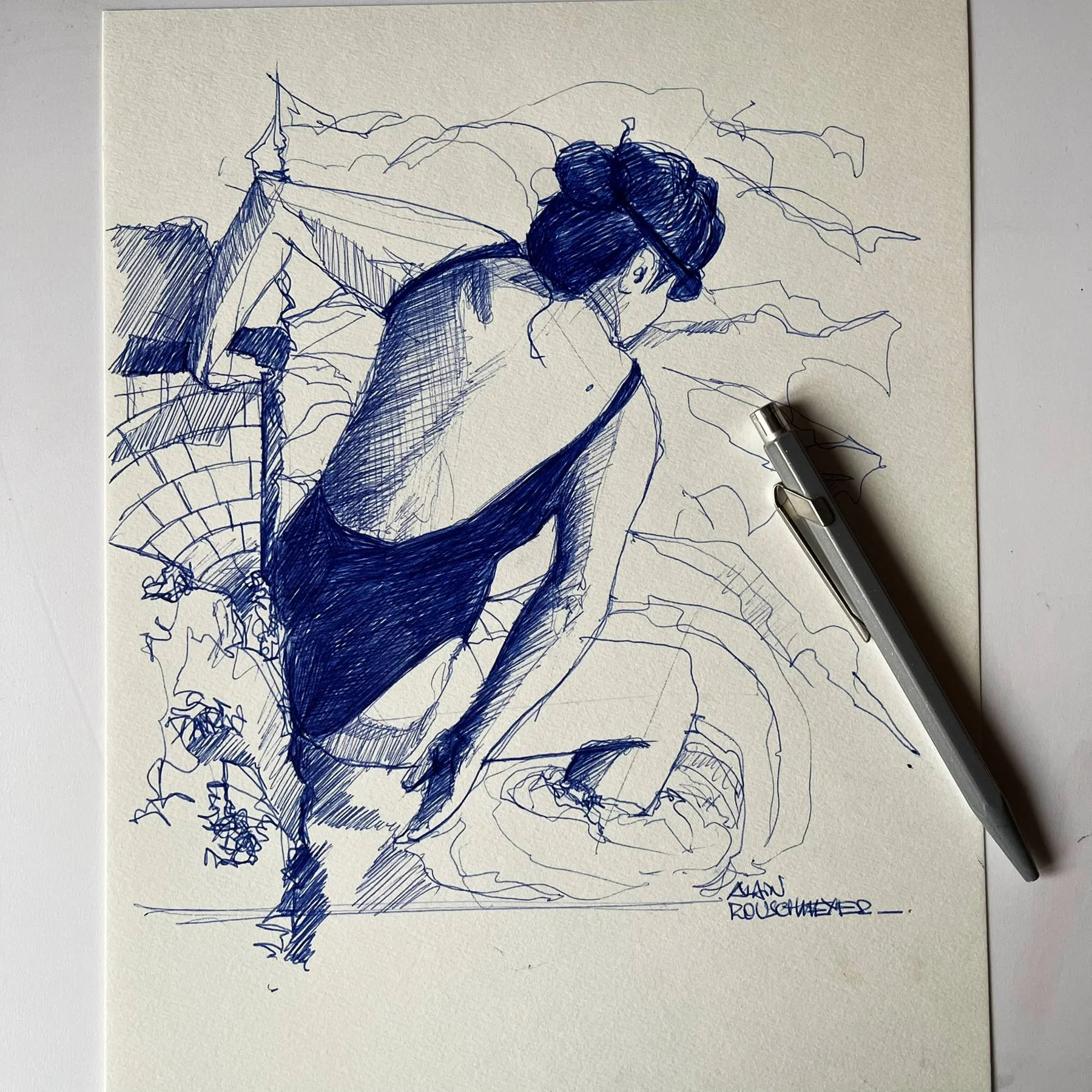 Dos nu un croquis de posture féminine sur le rituel de natation d'une jeune femme