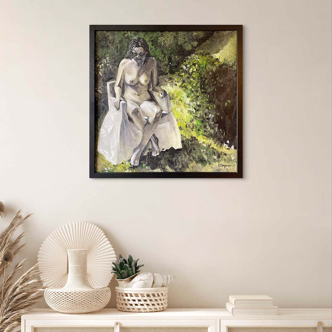 Elegant black wooden frame surround on Le Fauteuil Blanc, au jardin – ready to hang