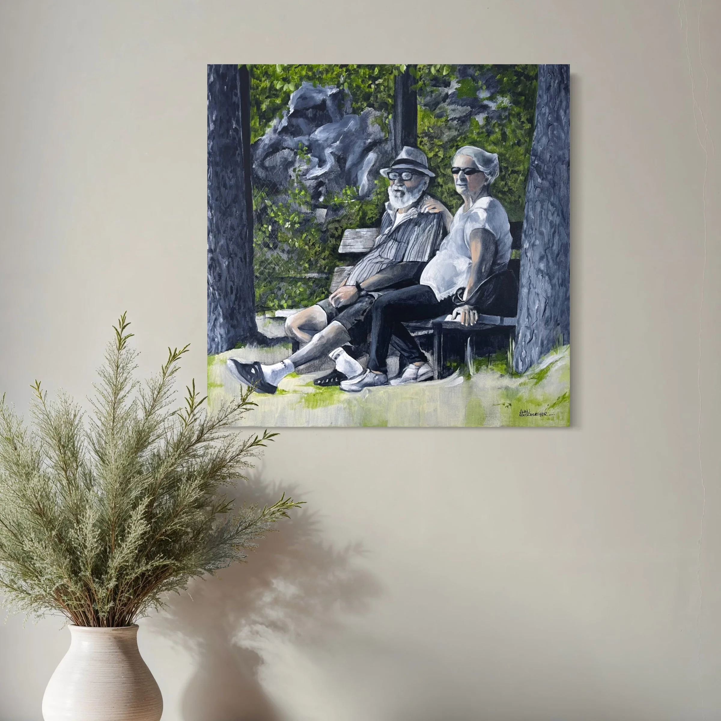 Couple âgé assis ensemble dans une peinture contemporaine sur l’amour durable - Alain Rouschmeyer