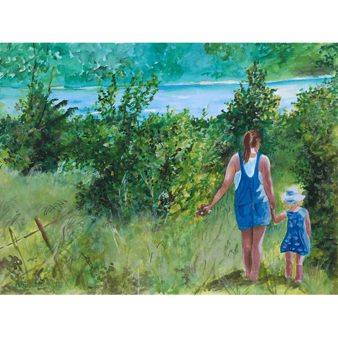 Aquarelle d’une balade estivale près du lac d’Annecy, réalisée par l’artiste impressionniste Camille Rouschmeyer