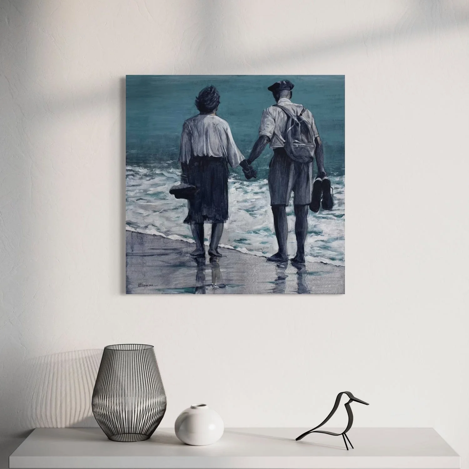 Peinture figurative Les amoureux du bord de mer d’Alain Rouschmeyer présentée sur un mur dans un espace de vie
