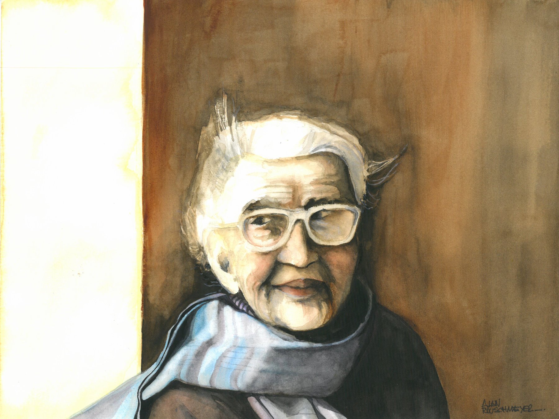 Détail de l'aquarelle "Mémé Amélie" portrait d'une dame de Lorraine par l'artiste figuratif contemporain Alain Rouschmeyer