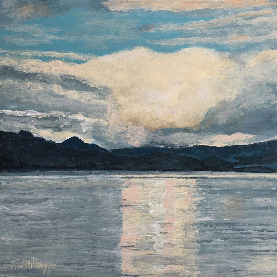 Small impressionist painting of Lake Annecy seen from Duingt by the artist Camille Rouschmeyer