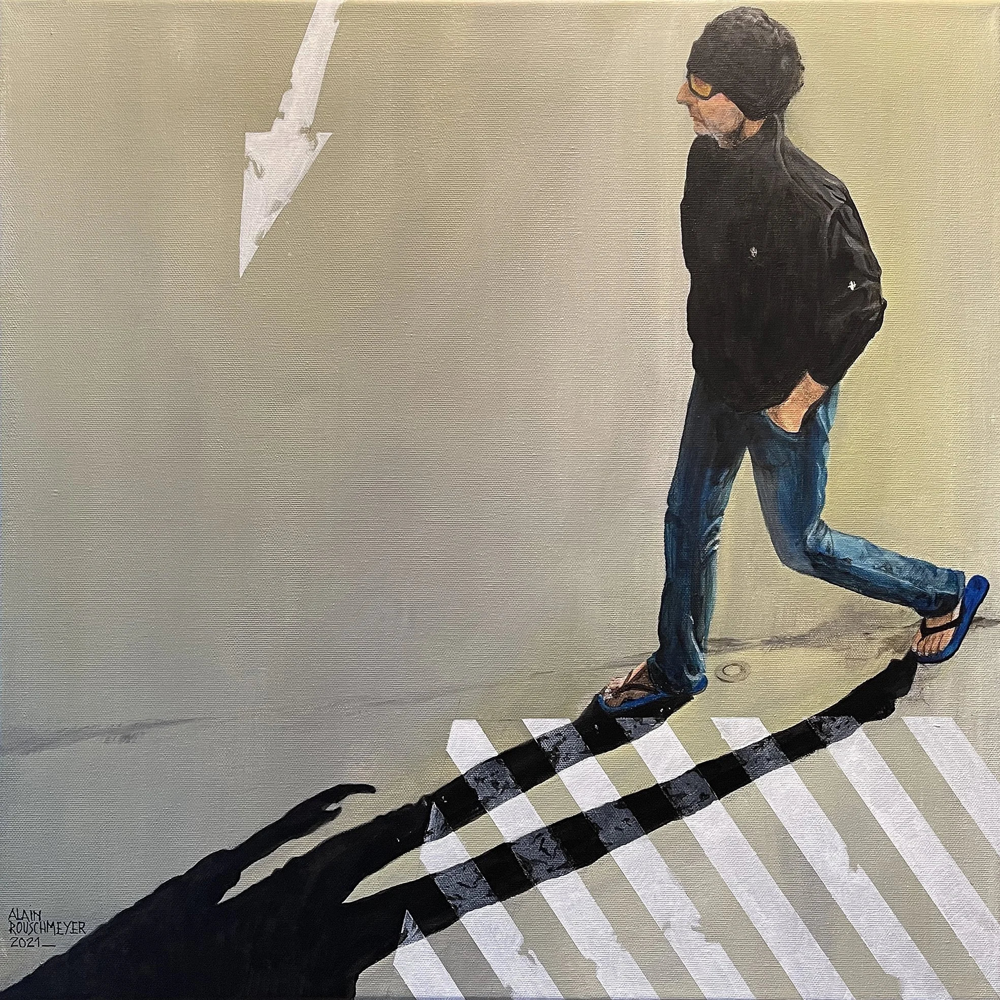 Intersaison, peinture figurative d’Alain Rouschmeyer représentant un homme en bonnet et en tongs traversant un passage piéton