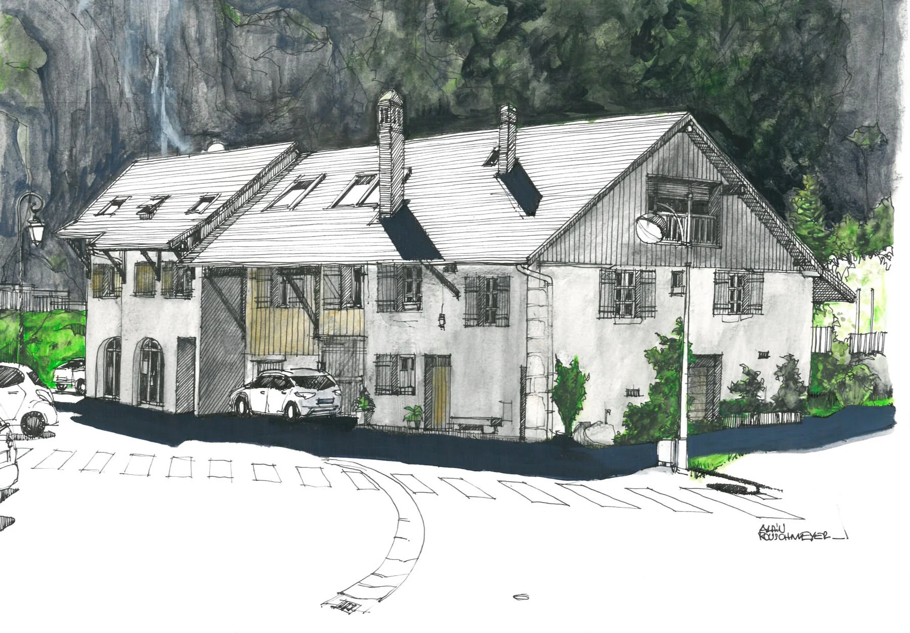 "House Near La Dalle de Duingt" is a pen and watercolour drawing by Alain Rouschmeyer, depicting a distinctive element of the local architectural heritage.