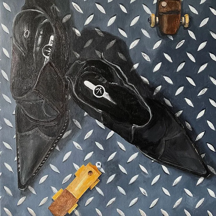 Ses grolles 3 — œuvre figurative contemporaine sur la marche et l’ancrage au sol