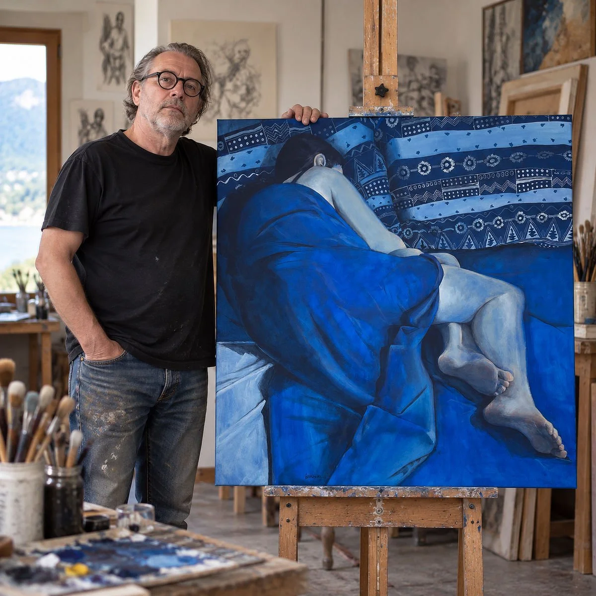 Alain Rouschmeyer dans son atelier aux côtés de La Fille dans les Draps Bleus, peinture figurative contemporaine originale.
