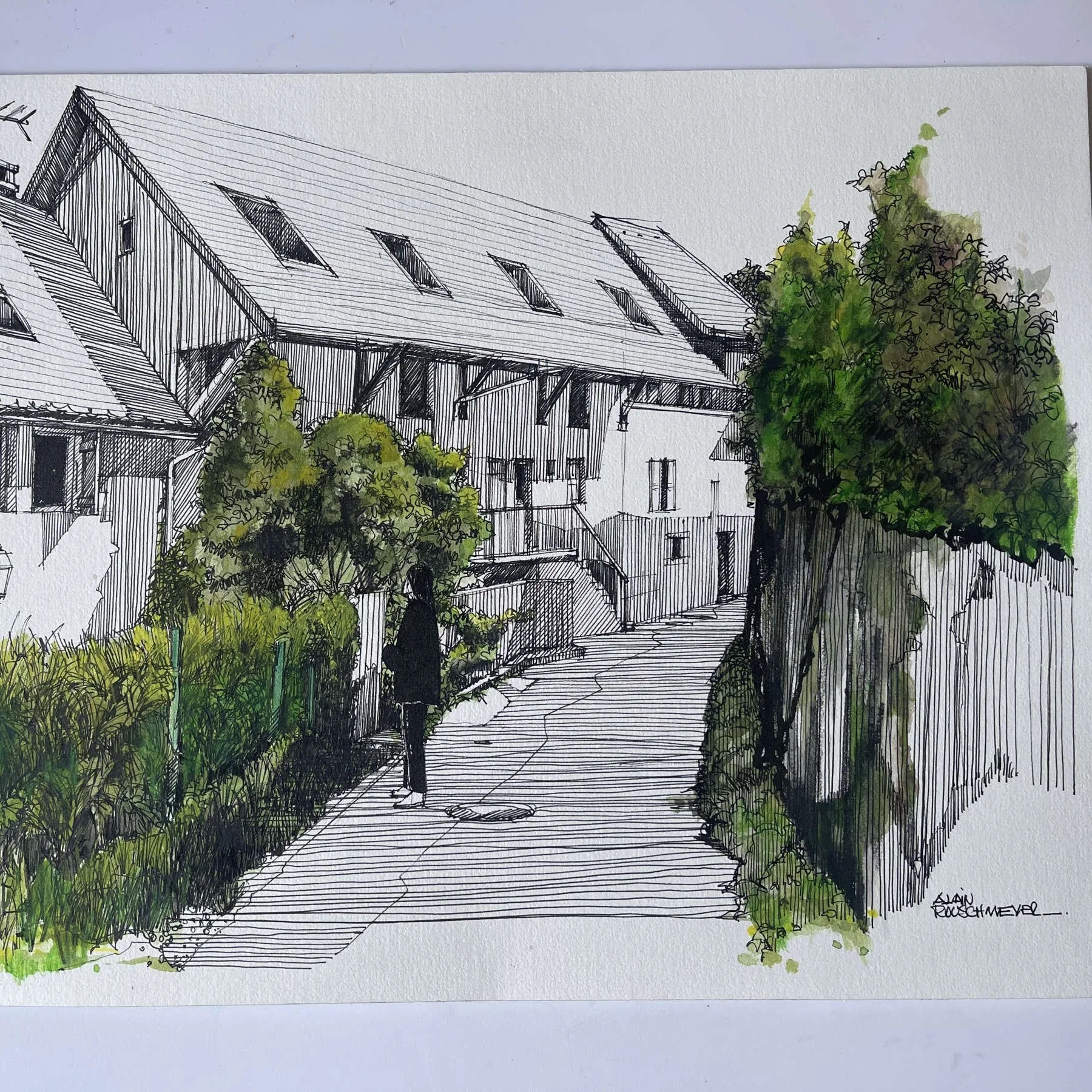 Photographie de l'oeuvre "Duingt, rue du vieux village" une oeuvre à la plume et aquarelle de Alain Rouschmeyer-Ph.jpg