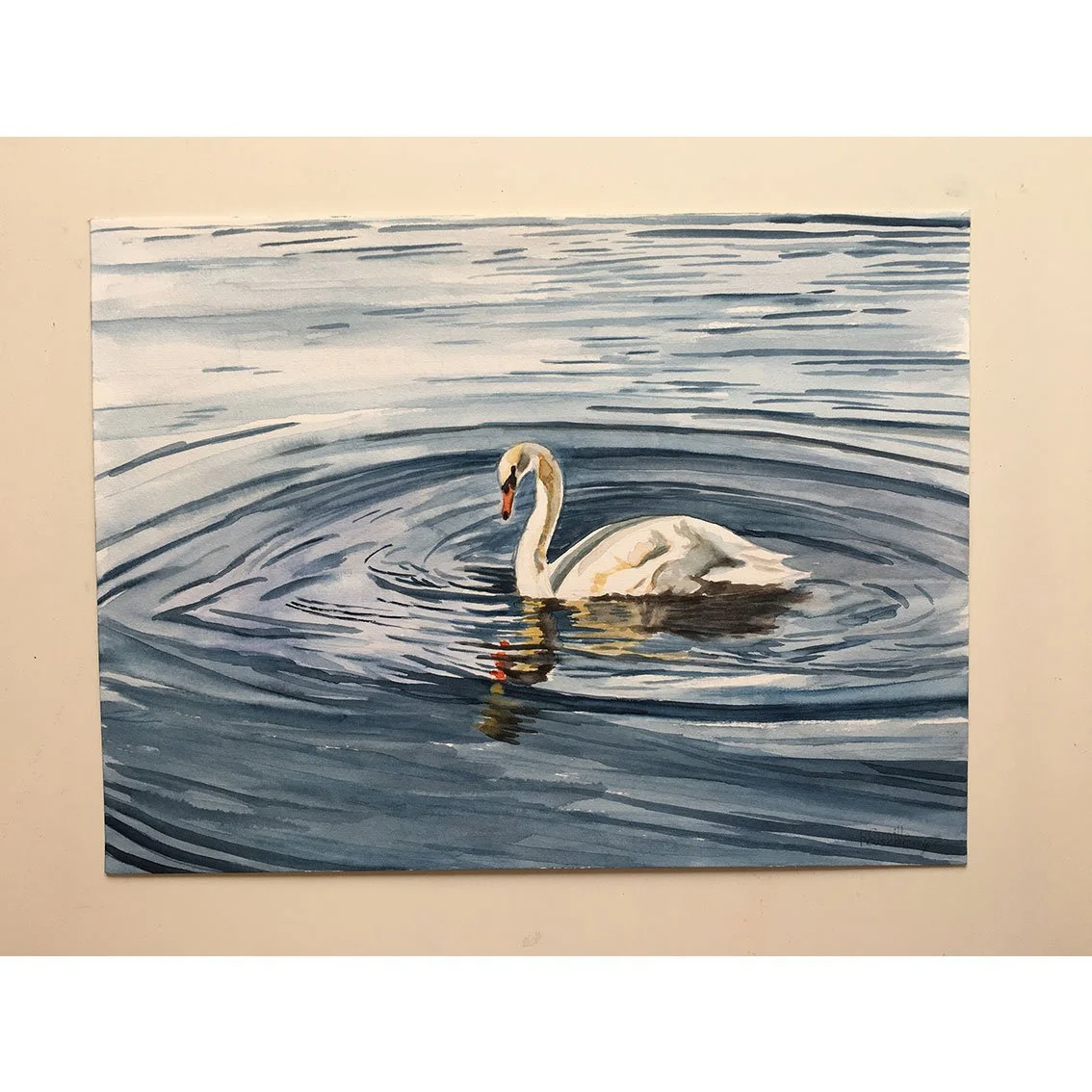 Original and unique watercolor entitled UN CYGNE SUR LE LAC by Camille Rouschmeyer