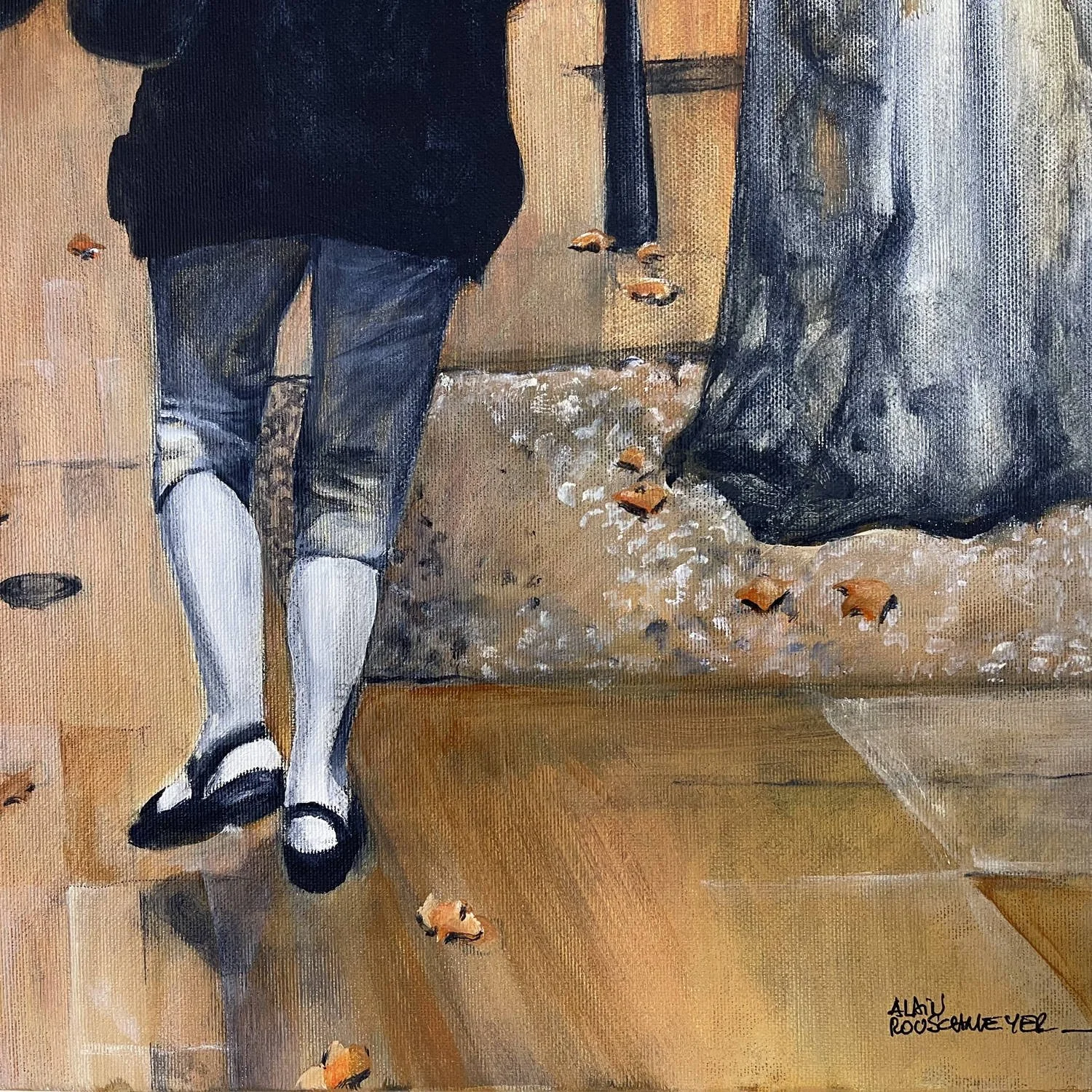 Couple âgé main dans la main dans une peinture contemporaine sur l’amour durable - Alain Rouschmeyer