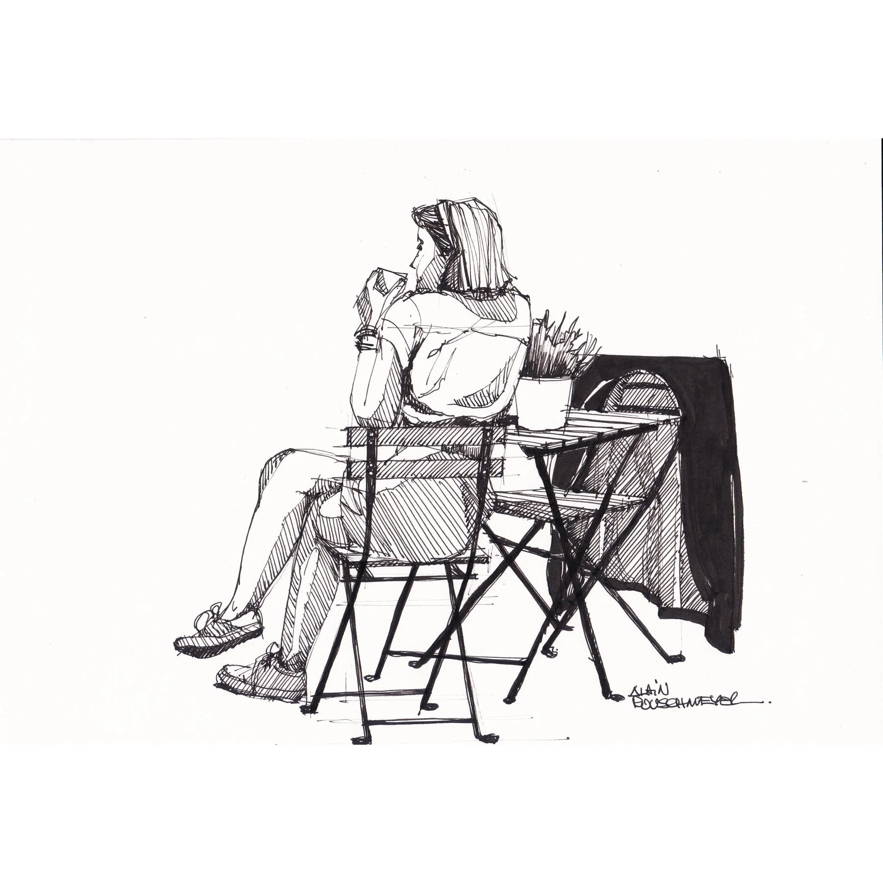 Croquis La pause - réalisé à la plume - jeune femme buvant un café à une terrasse - Alain Rouschmeyer