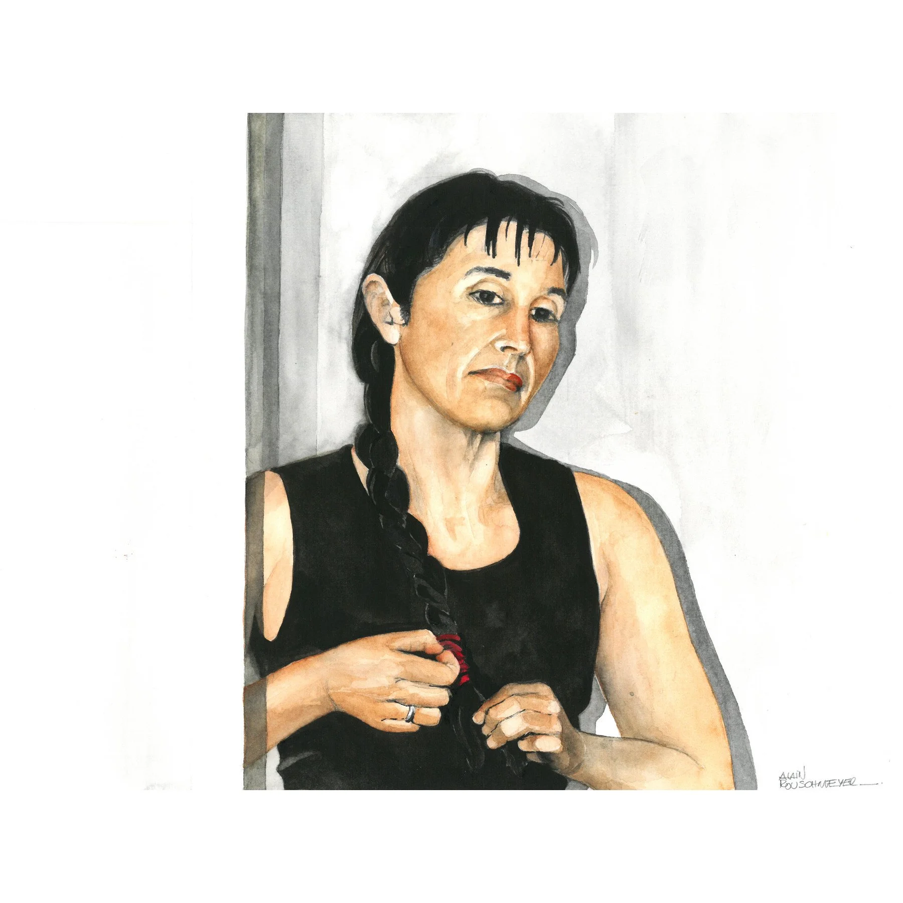La tressent aquarelle portrait d'une jeune femme qui arrange sa tresse par l'artiste peintre figuratif contemporain Alain Rouschmeyer