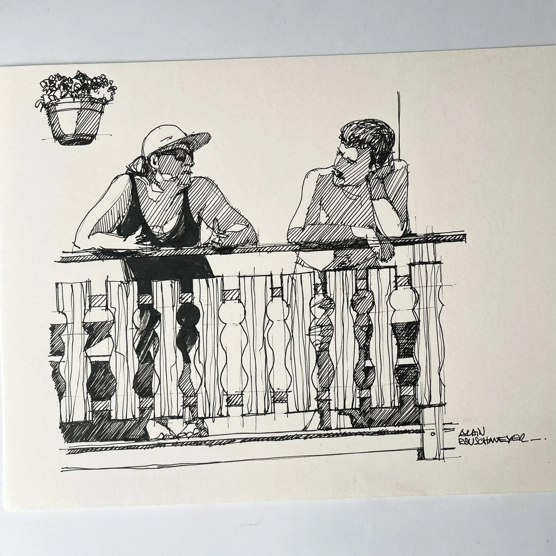 photo d'un croquis de Alain Rouschmeyer à la plume : Conversation sur un balcon