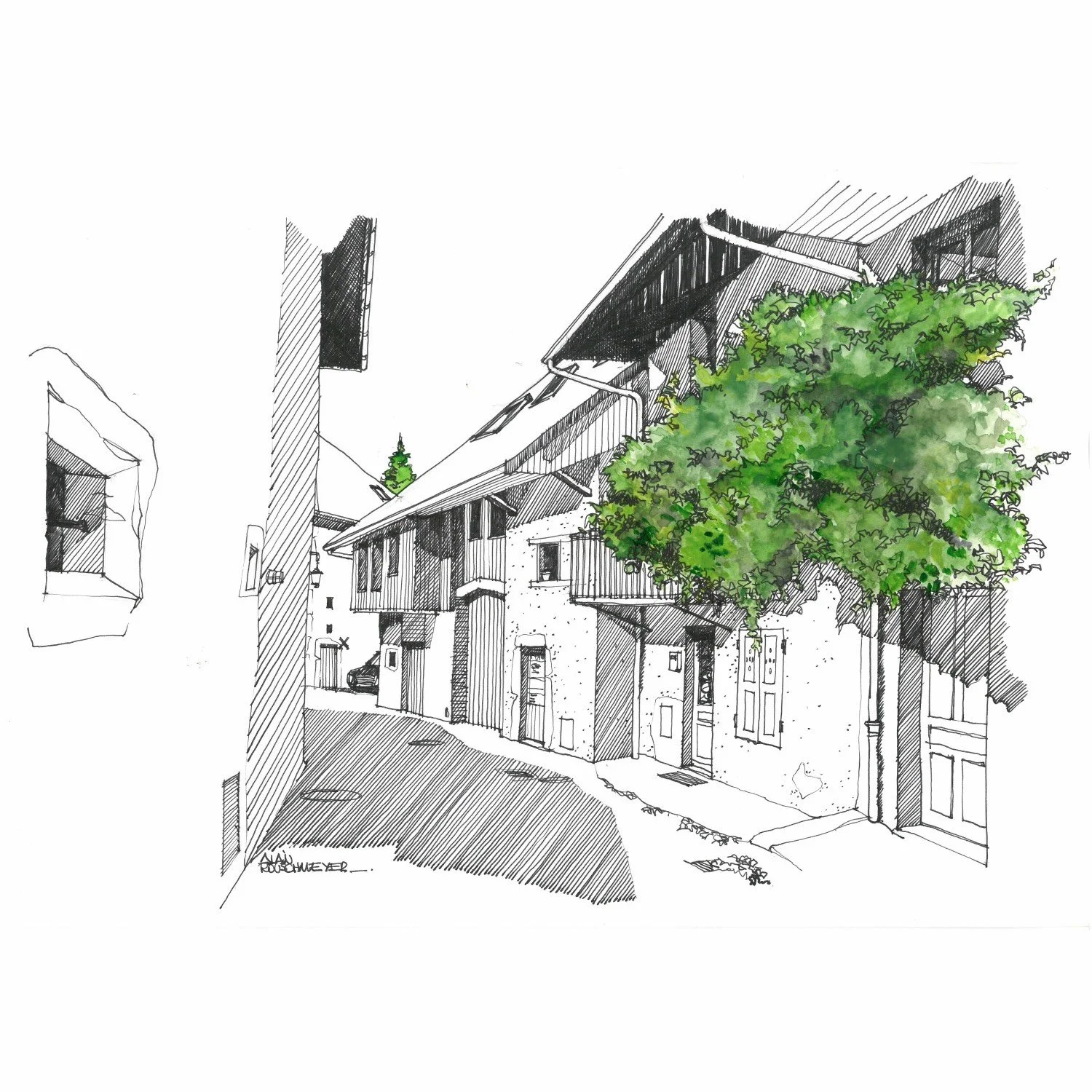Duingt, the village 1 - a sketch and watercolor from Alain Rouschmeyer