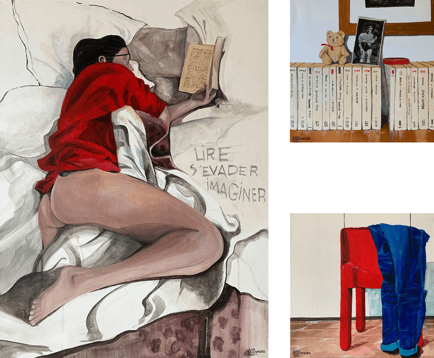 Une oeuvre figurative en triptyque "La lectrice de l'artiste Alain Rouschmeyer