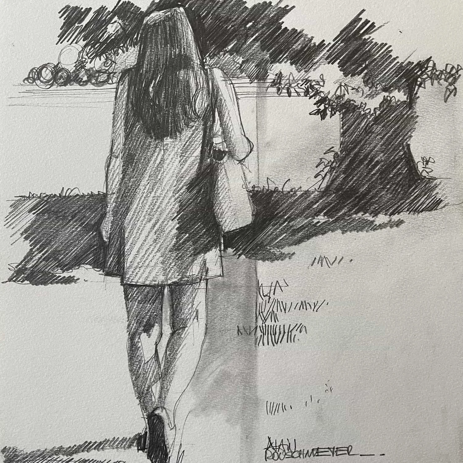 Croquis d’observation d’une figure humaine de dos dans le paysage, étude de posture et de rapport entre le corps et l’espace par Alain Rouschmeyer, artiste peintre figuratif contemporain