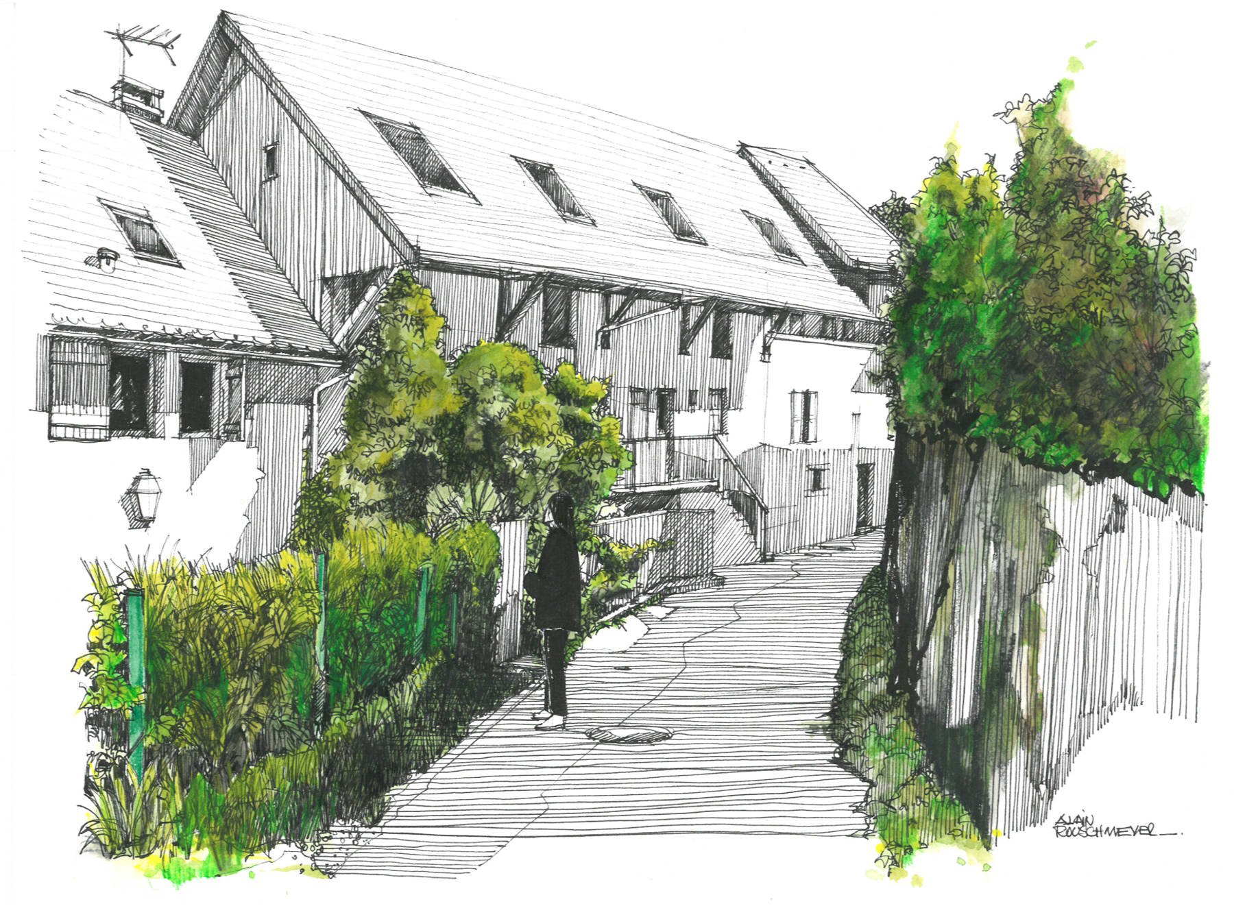 "Duingt, rue du vieux village" plume et aquarelle sur papier 300 gr par l'artiste Alain Rouschmeyer