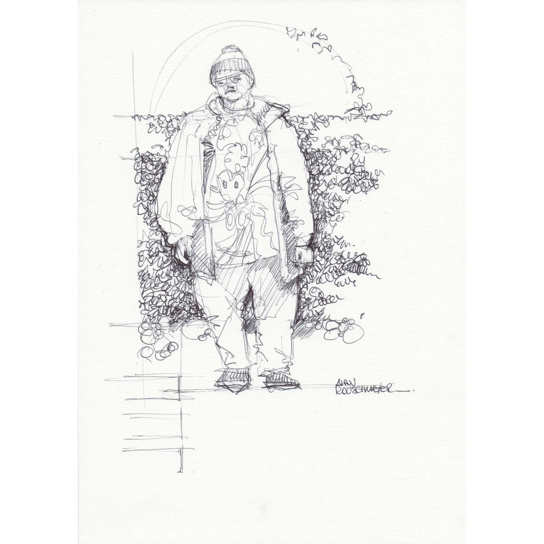 Pacifique-Alain Rouschmeyer- un croquis au bic noir d'un homme qui attend le car