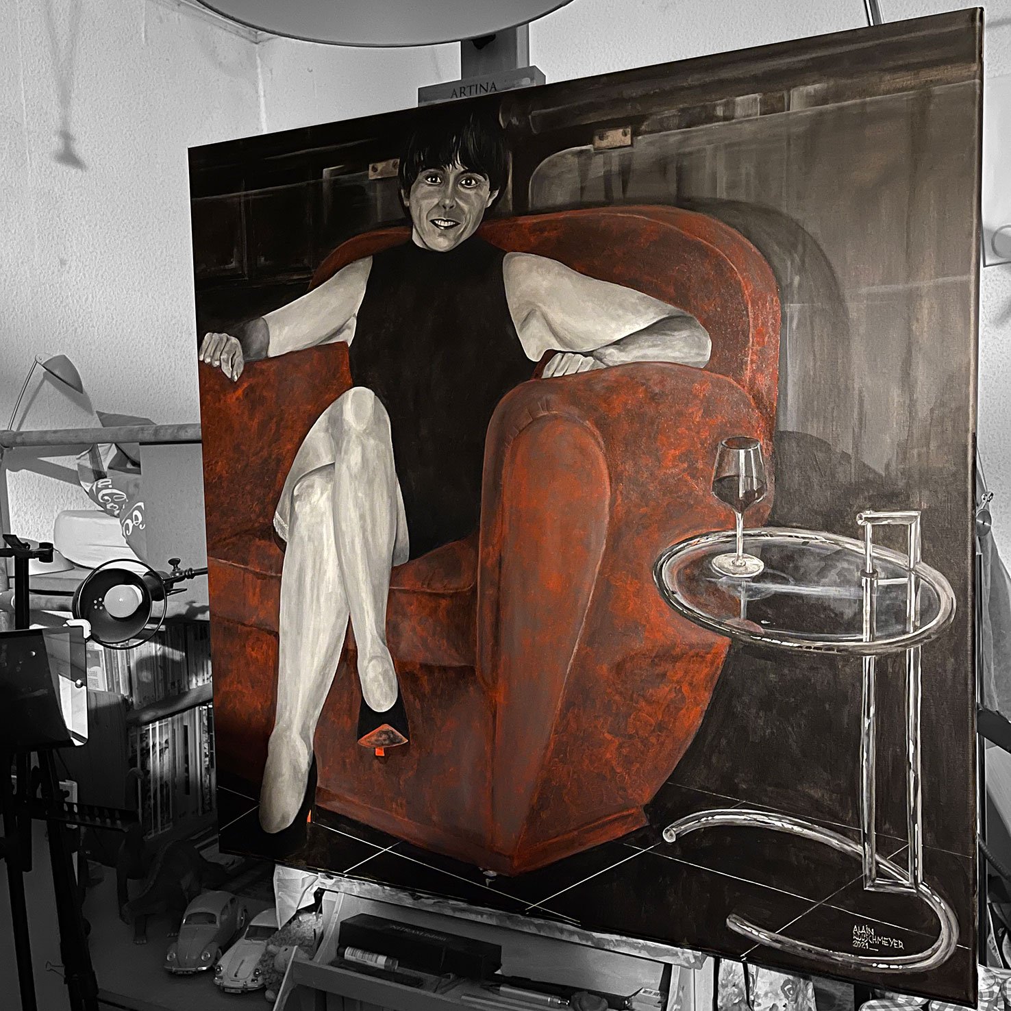 "Sa petite robe noire" oeuvre figurative présentée au cour de l'atelier de l'artiste Alain Rouschmeyer