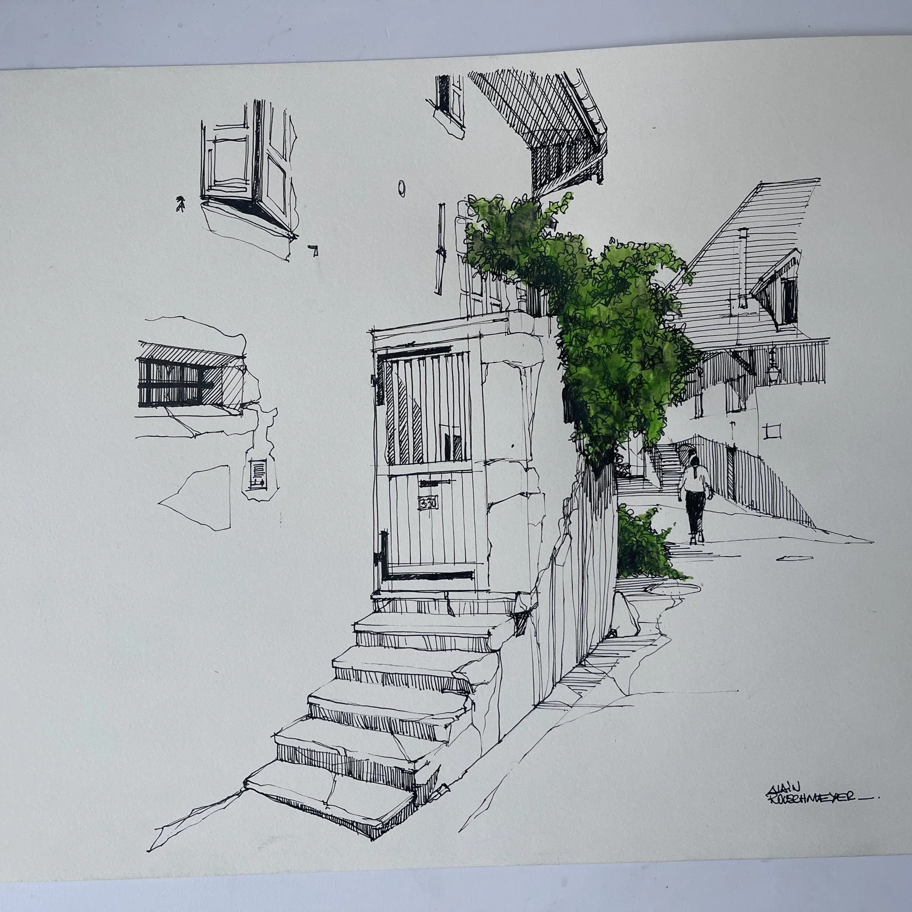 Photograph of "Duingt at No. 330", a pen and watercolour artwork depicting the architectural heritage of Duingt in Haute-Savoie, by contemporary figurative artist Alain Rouschmeyer.