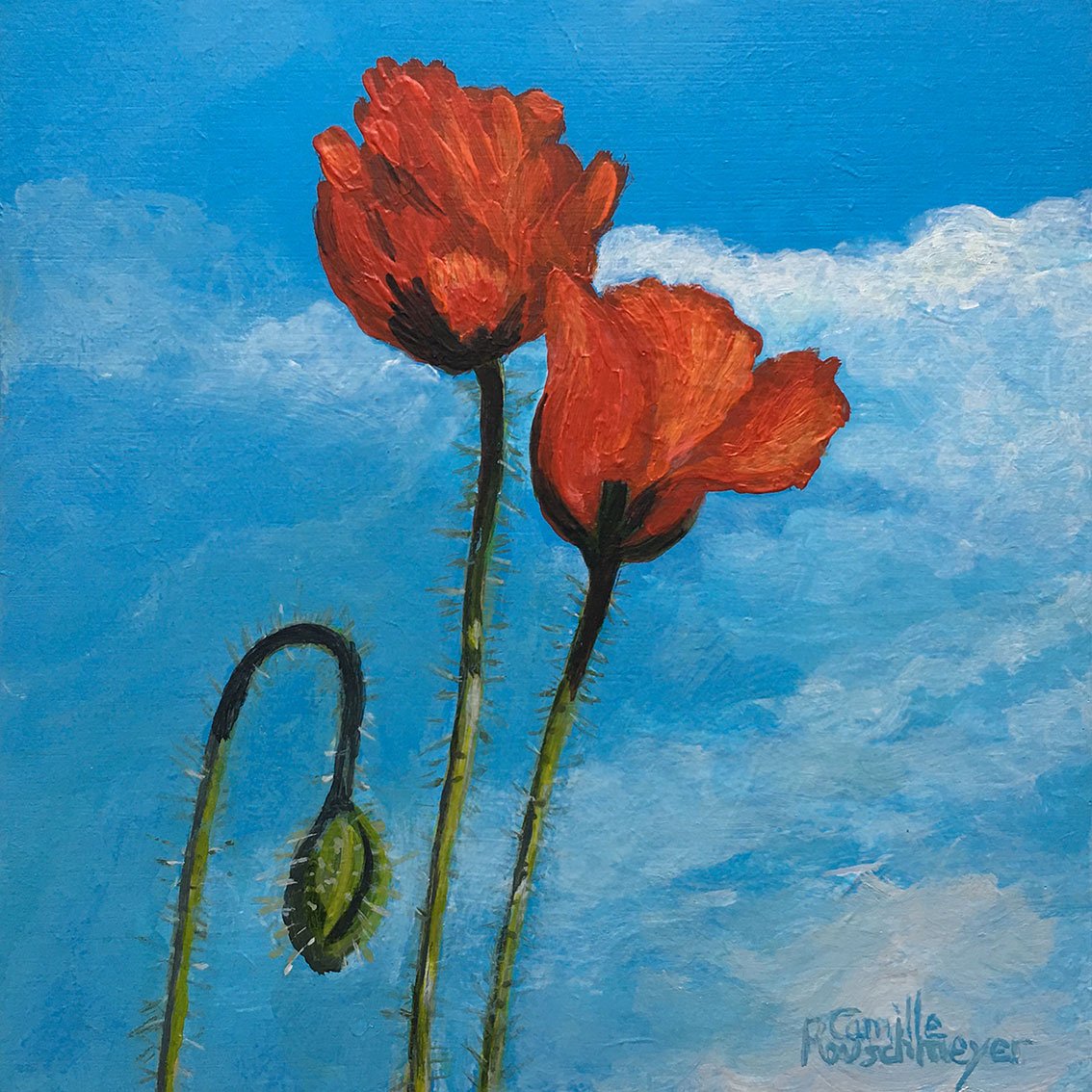Small impressionist painting TROIS BRINS DE COQUELICOT by the artist Camille Rouschmeyer
