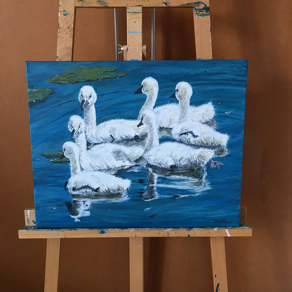 Peinture impressionniste originale et unique intitulée LES CYGNONS DE JUIN par Camille Rouschmeyer
