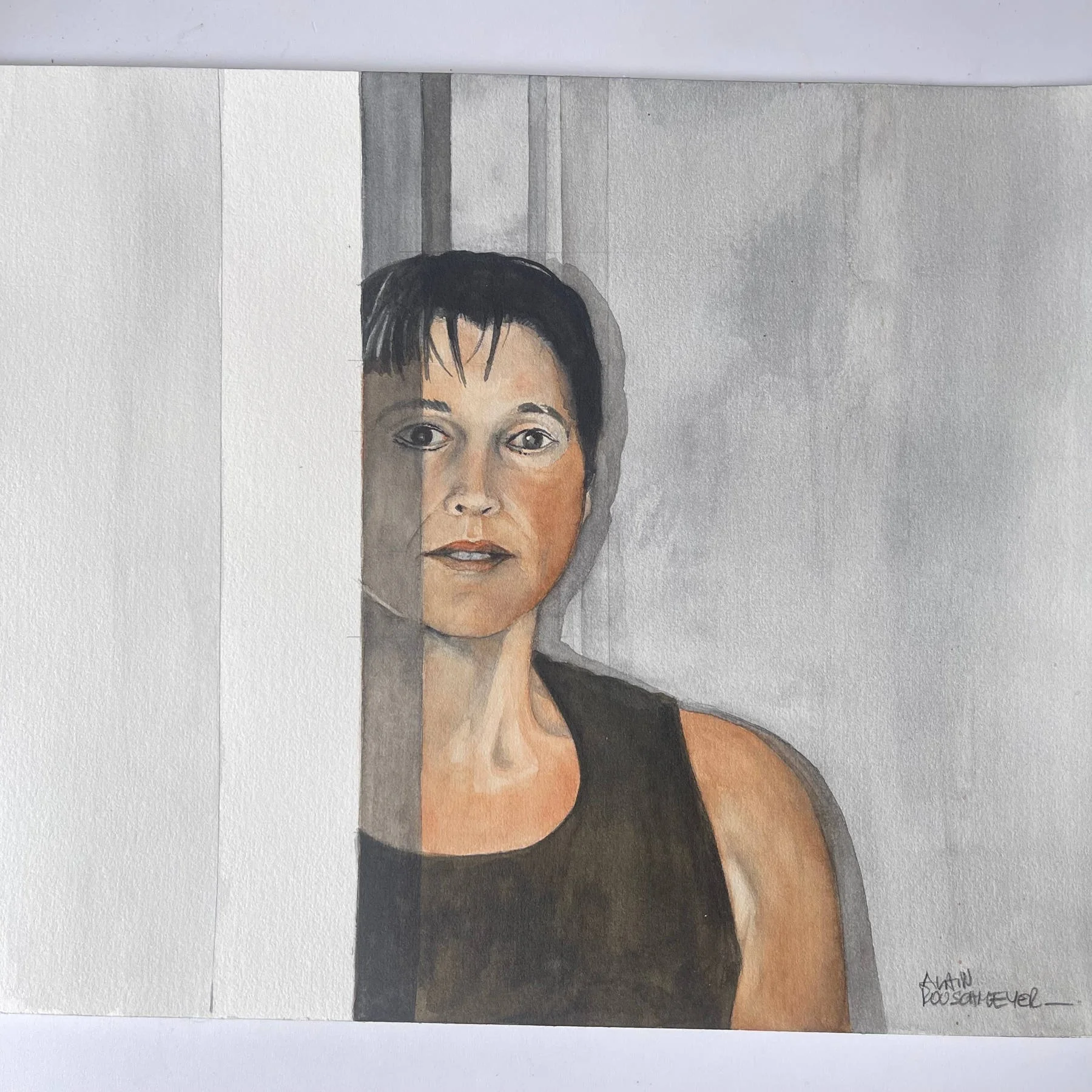 Détail de l'aquarelle "Un regard" 30 x 40 cm de Alain Rouschmeyer - une oeuvre à collectionner