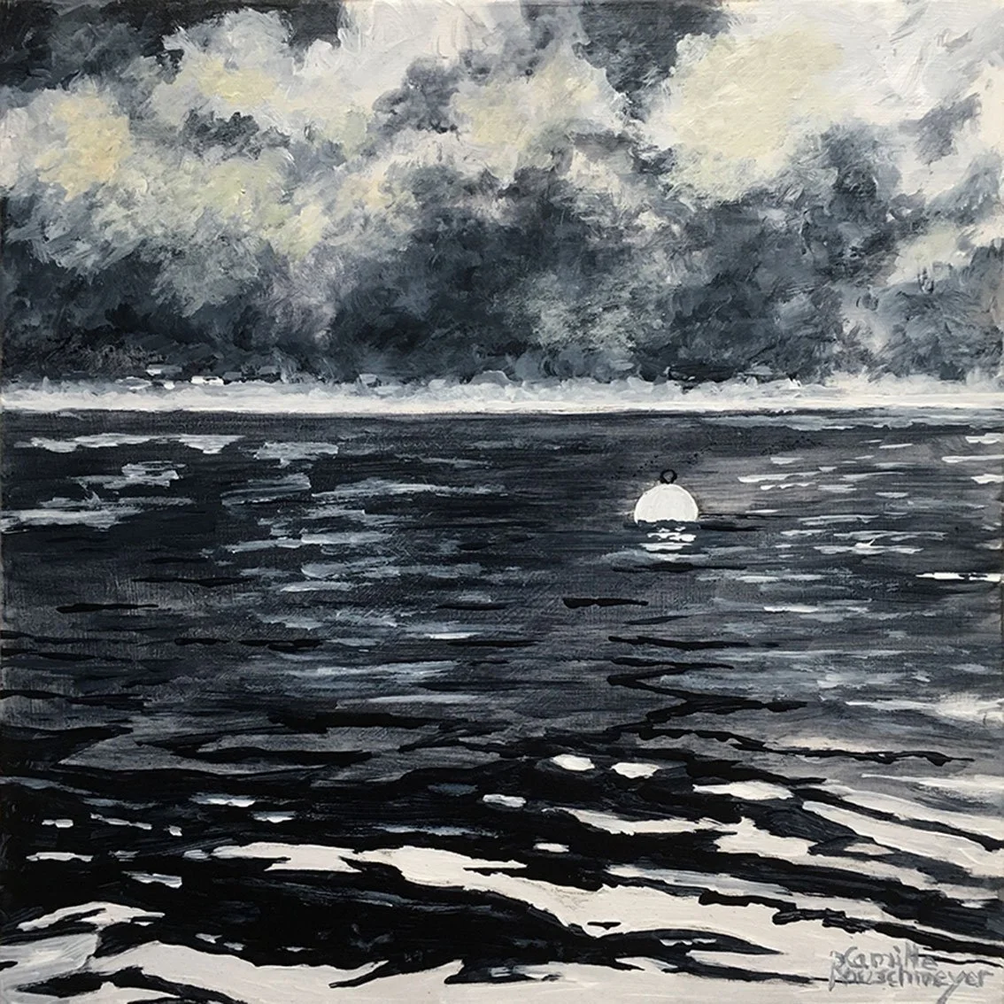 Petit tableau impressionniste du lac d’Annecy et de la montagne sous la brume par l’artiste Camille Rouschmeyer