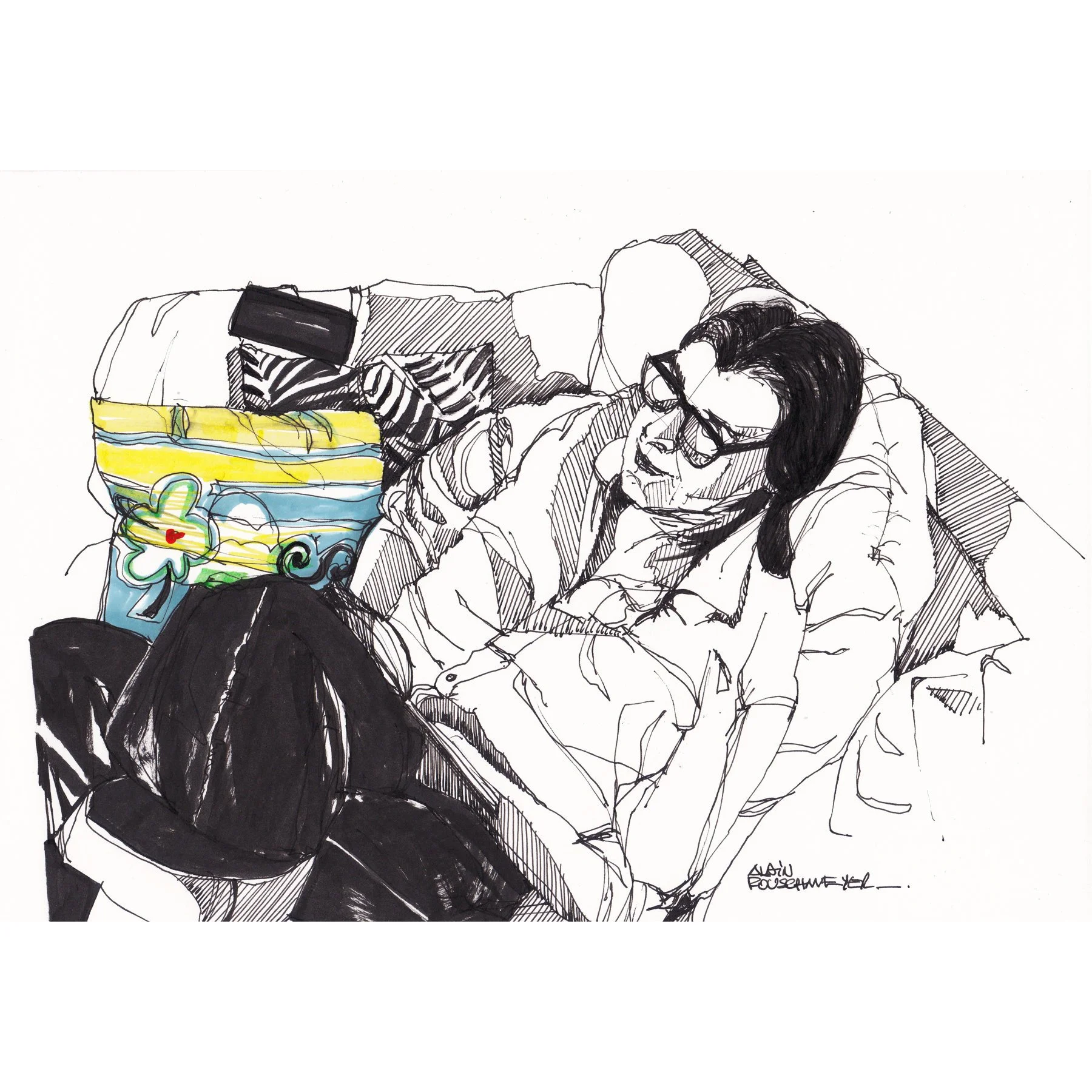 Lecture du soir, un croquis rapide à la plume pour présenter la posture humaine par Alain Rouschmeyer