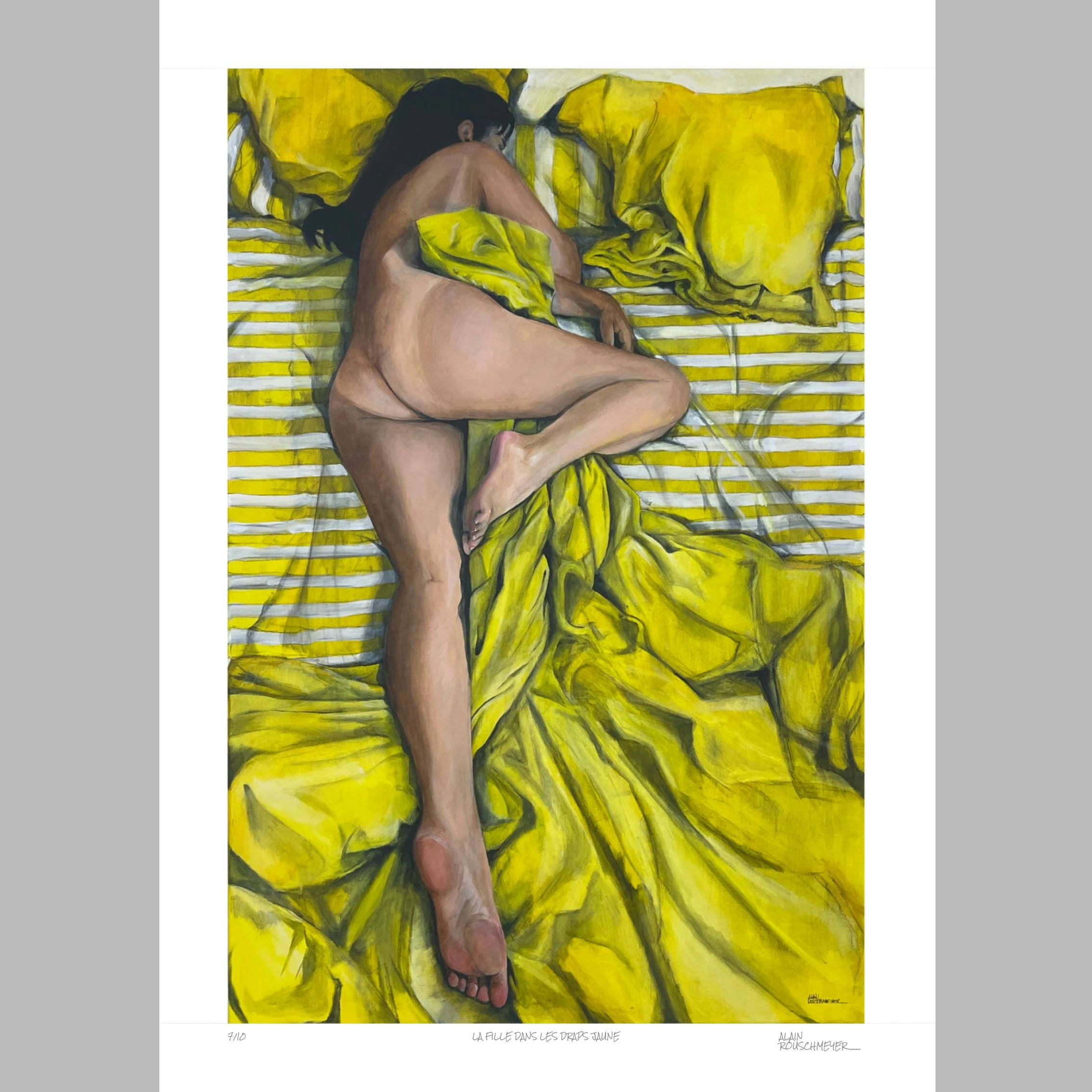LA FILLE DANS LES DRAPS JAUNE limited edition Fine Art Print with white border and pencil caption by Alain Rouschmeyer