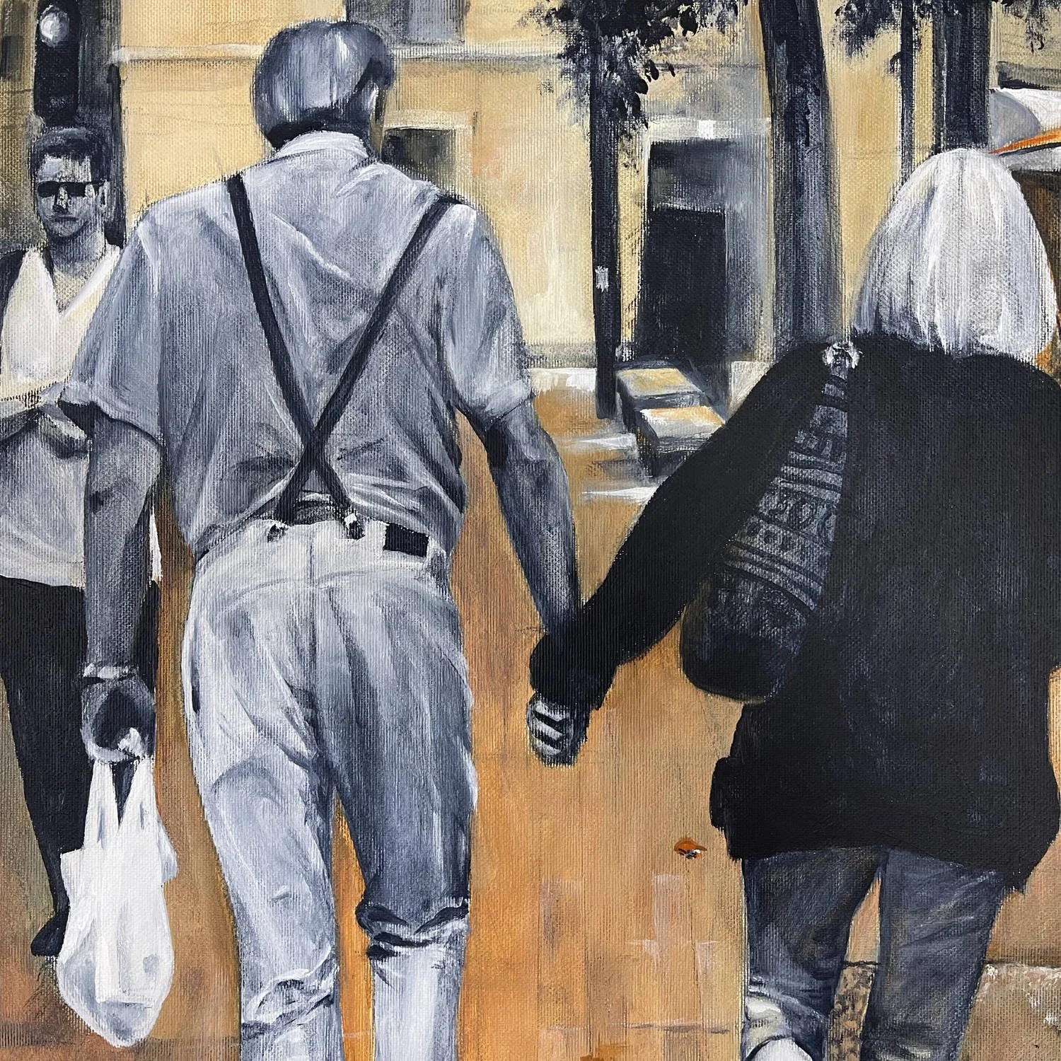 Détail d’une peinture figurative montrant la marche lente d’un couple senior dans une rue ancienne - Alain Rouschmeyer