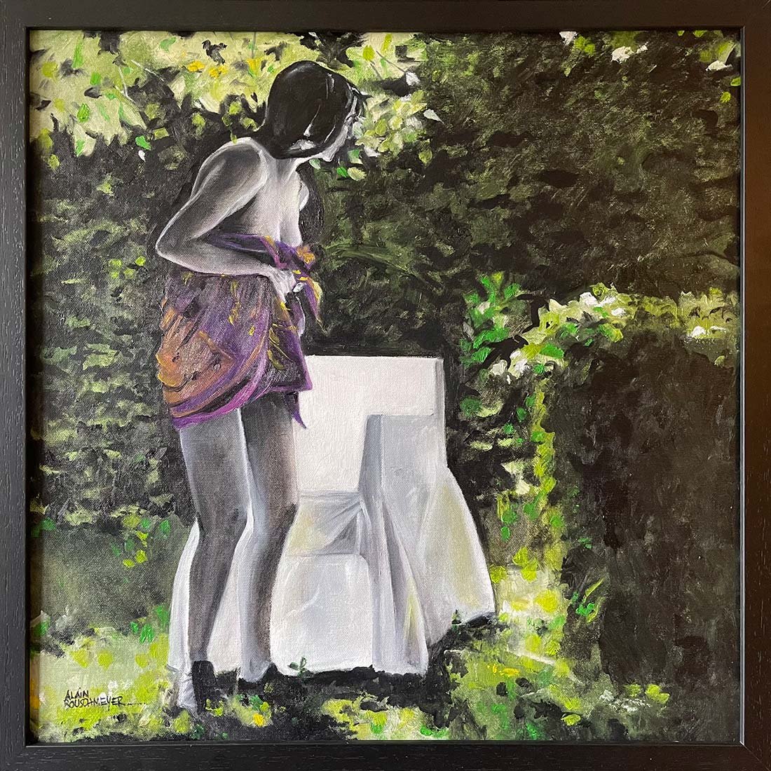 Après la baignade, le fauteuil blanc – peinture figurative de nu par Alain Rouschmeyer