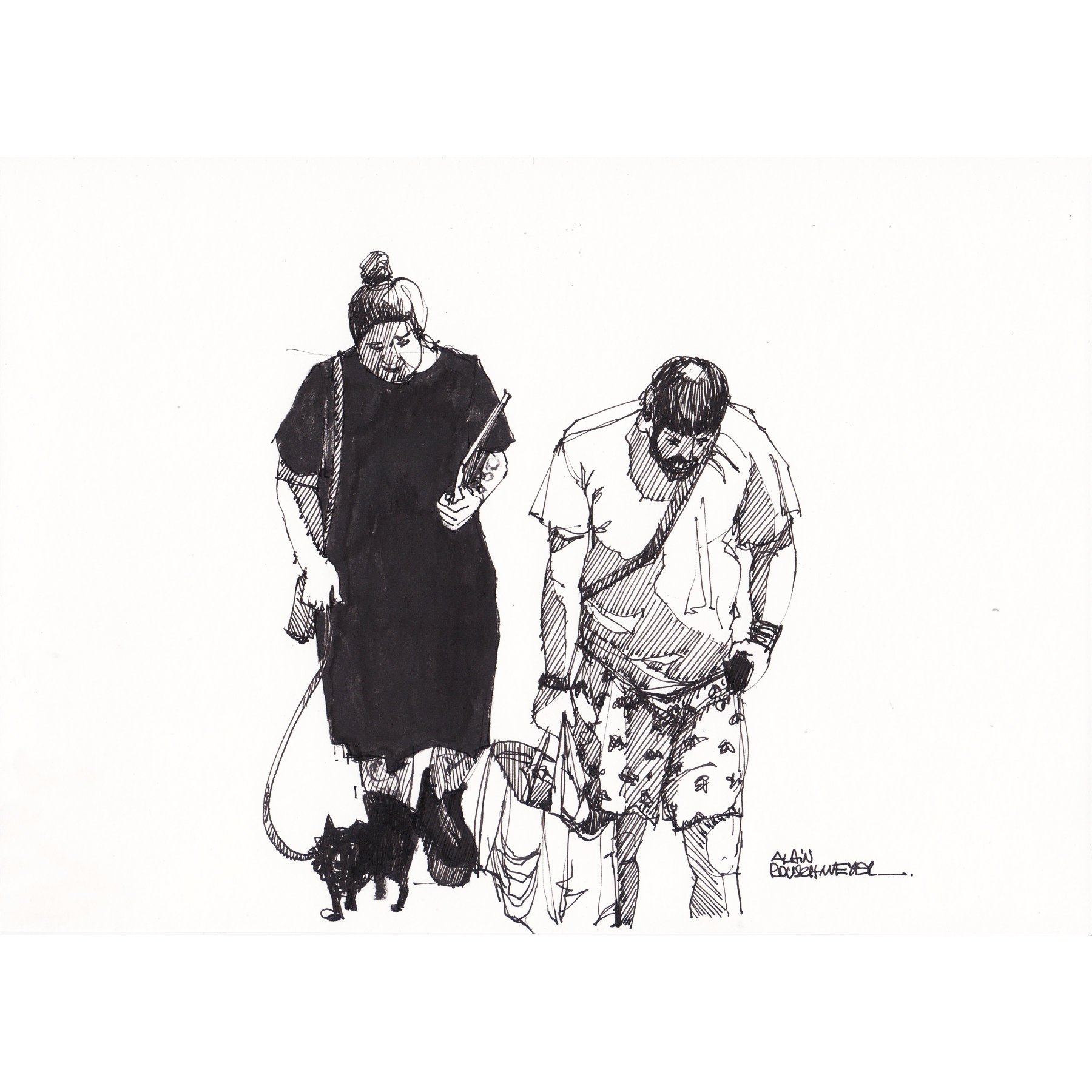 Loulous un croquis rapide de posture humaine, un couple, un petit chien, une journée bien remplie-Alain Rouschmeyer