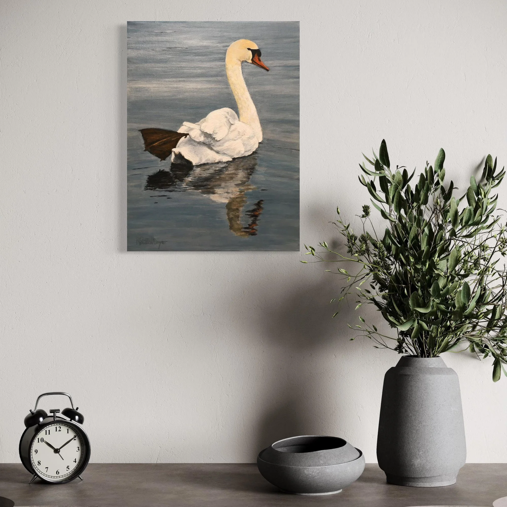 La Danse du cygne, toile de Camille Rouschmeyer présentée sur un mur clair dans un intérieur contemporain