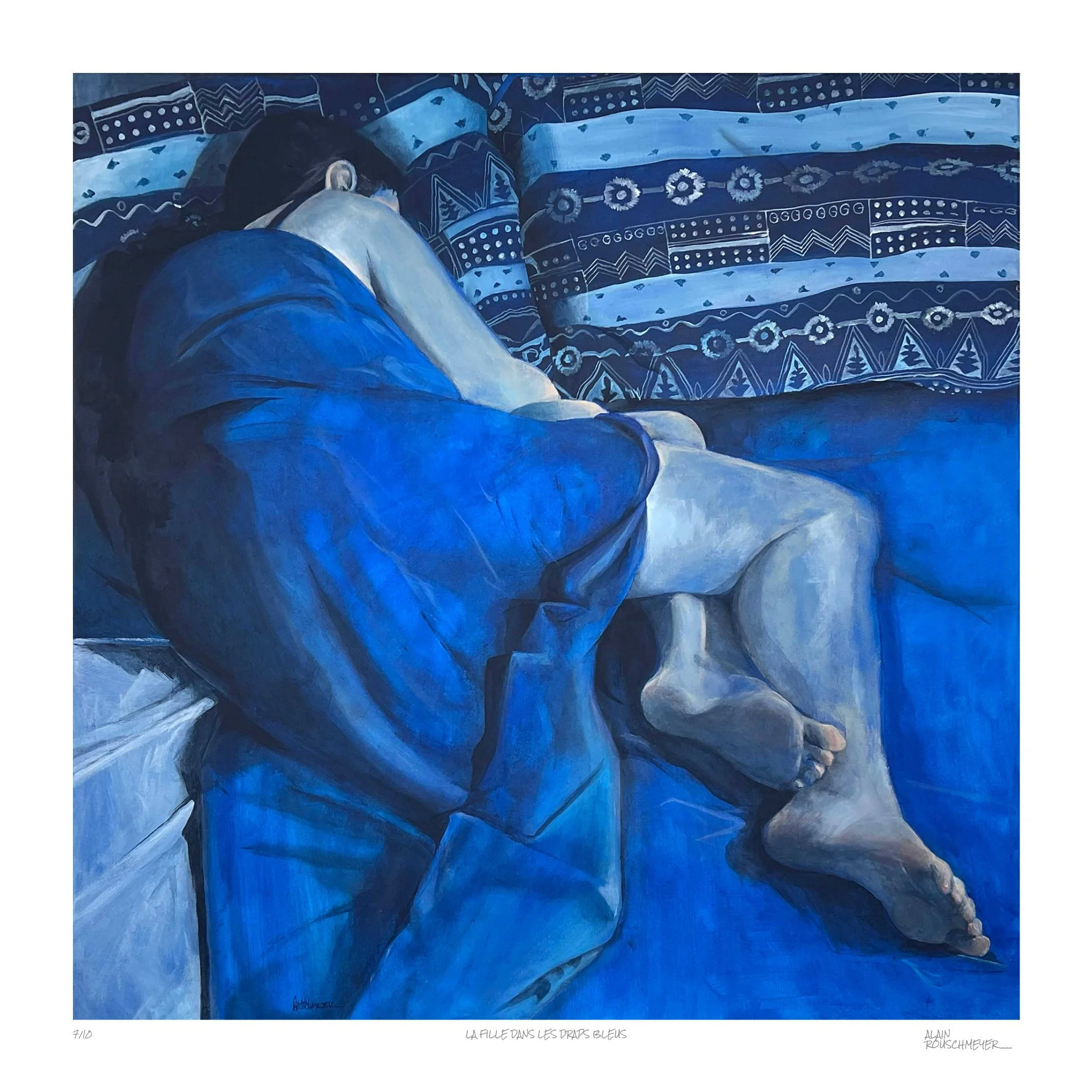 LA FILLE DANS LES DRAPS BLEUS limited edition Fine Art Print with white border and pencil caption by Alain Rouschmeyer