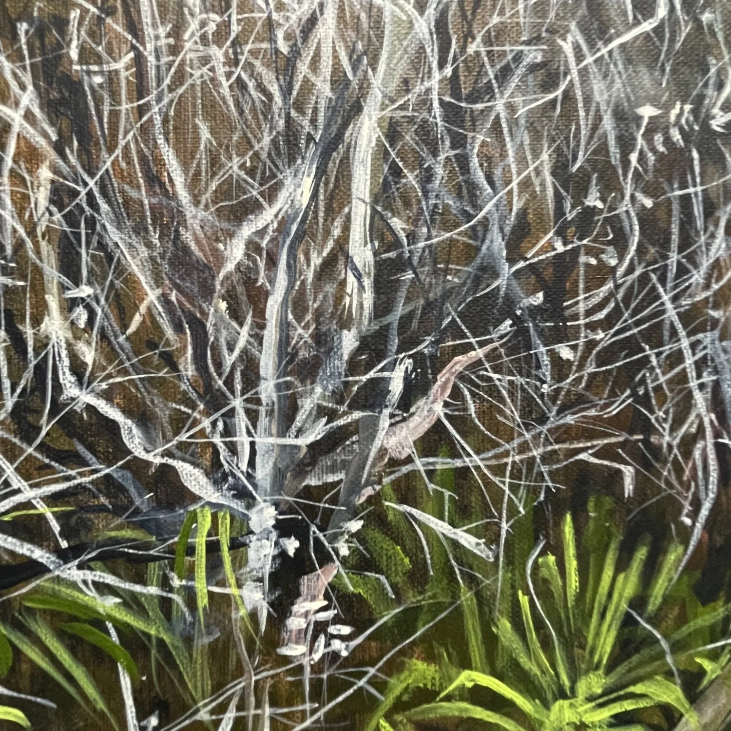 Détail végétal de l'oeuvre "Lucie et Robert en automne" - une oeuvre de 80 x 80 cm peinte par Alain Rouschmeyer