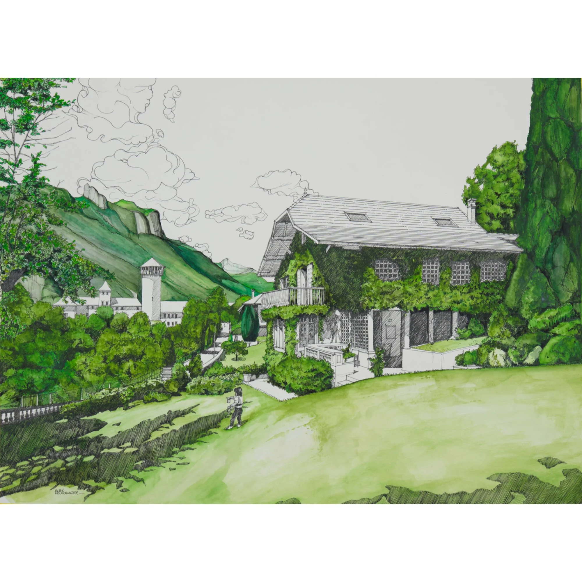 Original ink and watercolor painting of a family home, created on commission for a private collection.