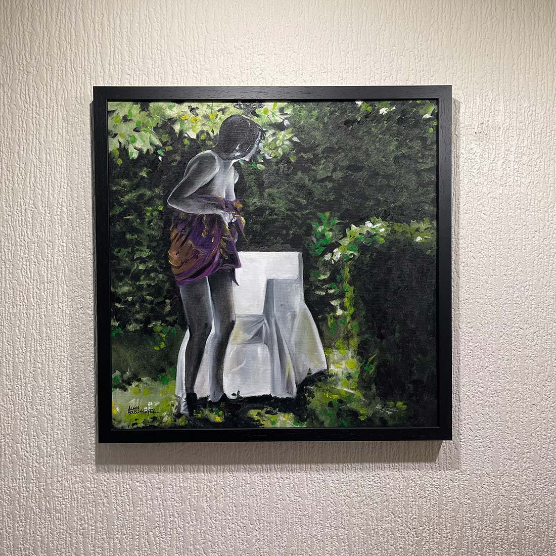 femme après baignade, paréo noué – peinture contemporaine signée Alain Rouschmeyer