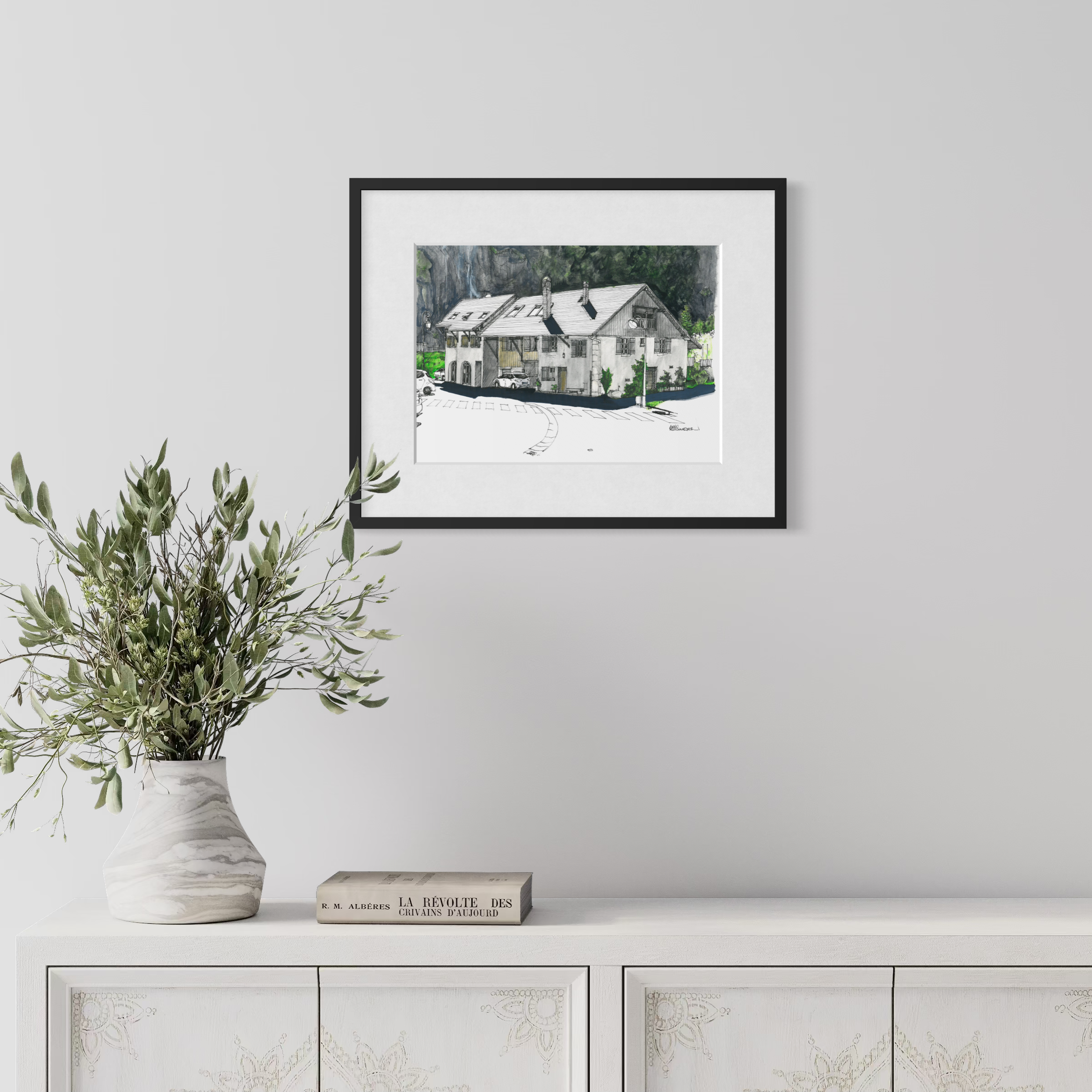 "House Near La Dalle de Duingt" displayed in a contemporary interior. Original artwork by Alain Rouschmeyer.