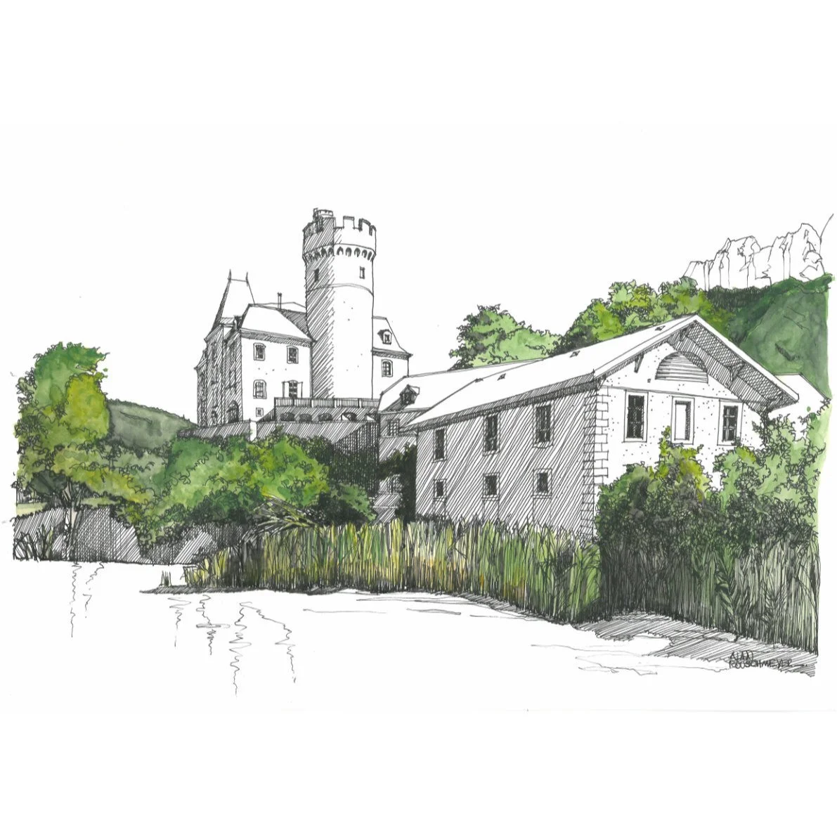 LE CHATEAU DE DUINGT oeuvre papier de l'artiste Alain Rouschmeyer