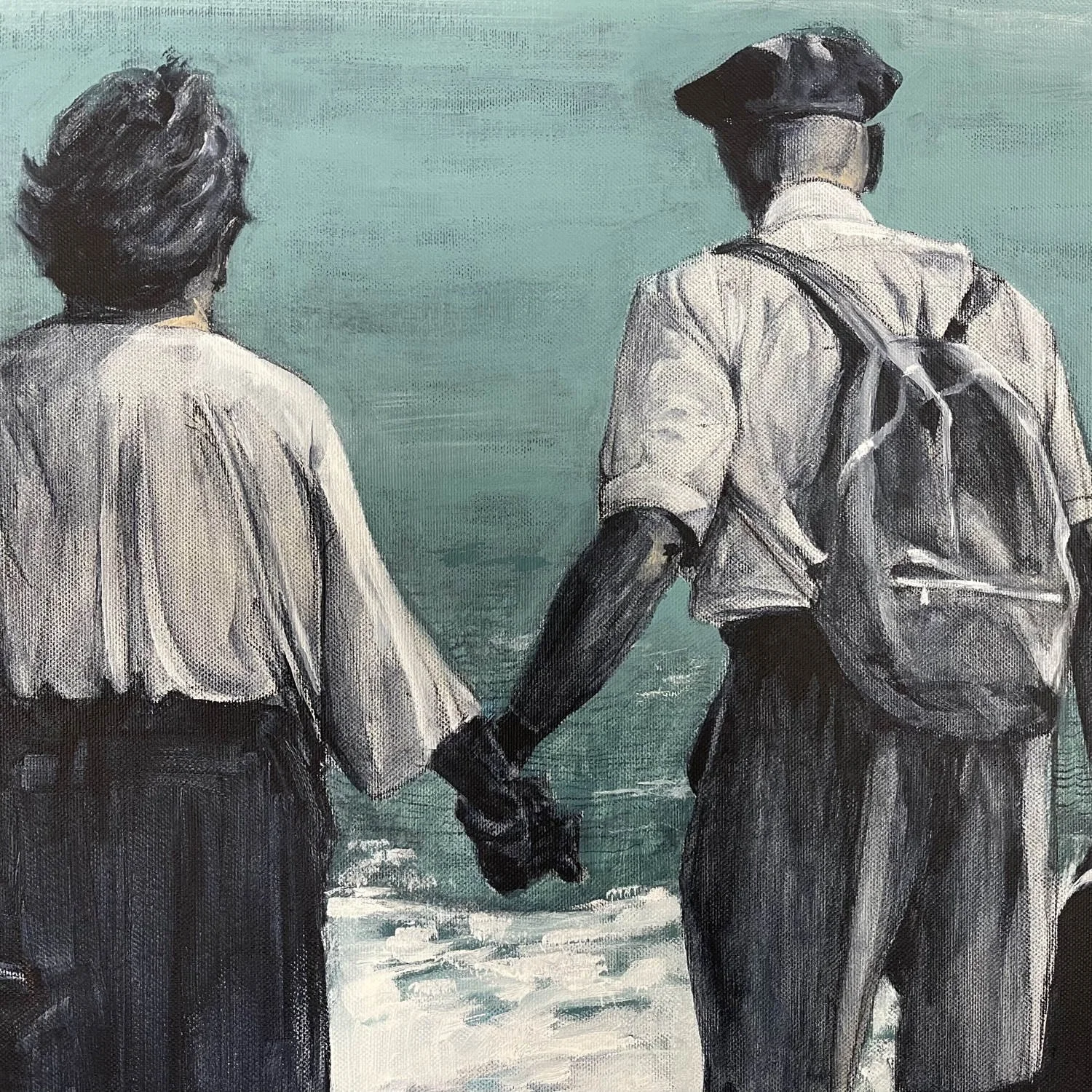 Détail de l'oeuvre figurative "Les amoureux du bord de mer" par Alain Rouschmeyer