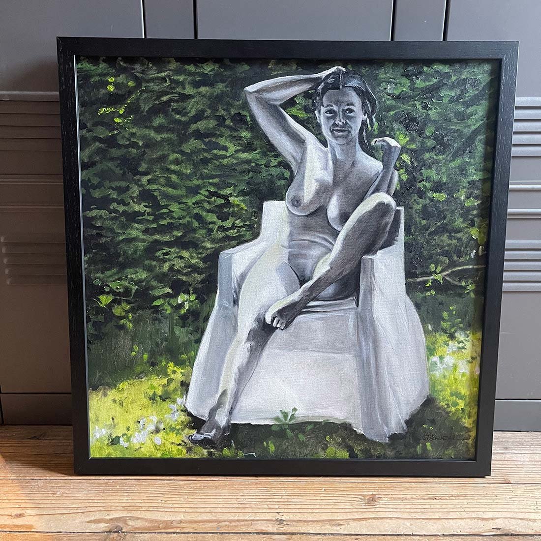 Detail of the female form and light dancing across her skin as she sits in the white armchair – The White Armchair in the Garden