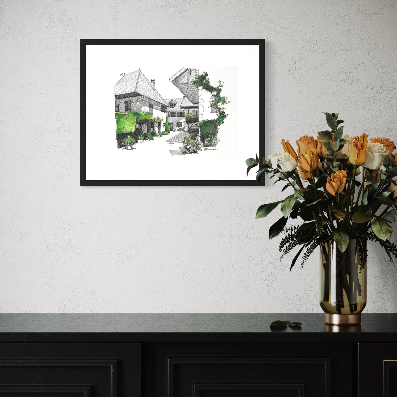 Ink and watercolor for this original artwork from the figurative artist Alain Rouschmeyer