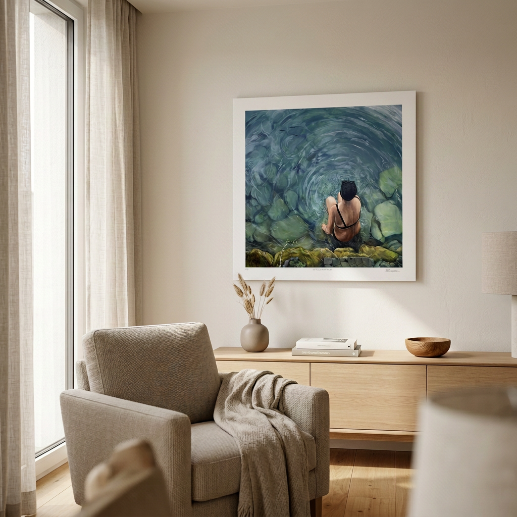 LA FILLE AU BORD DU LAC Fine Art Print by Alain Rouschmeyer displayed in a contemporary living room