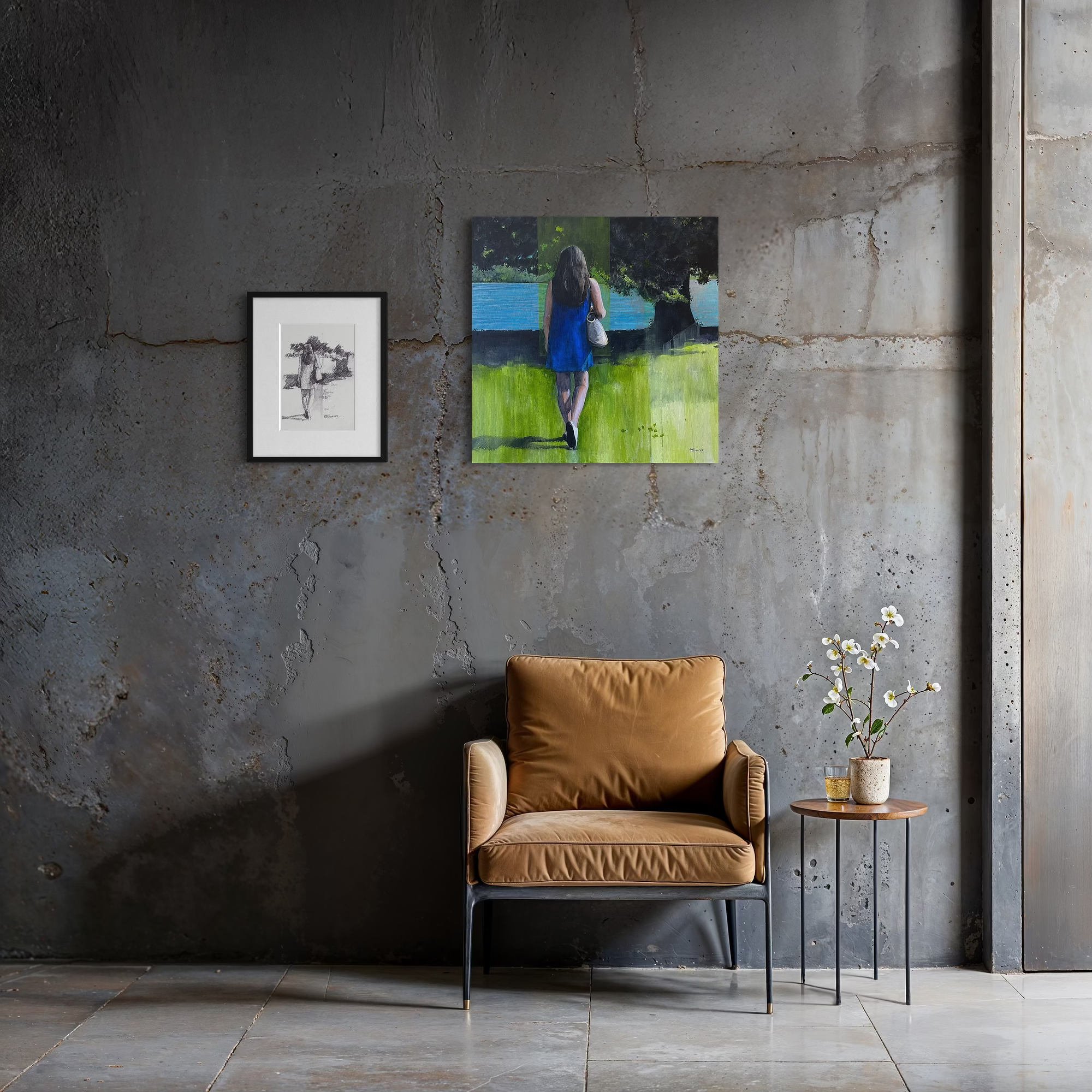 Dans un espace dépouillé la cohabitation du croquis et de l'oeuvre finale sur toile, un travail de l'artiste figuratif contemporain Alain Rouschmeyer .