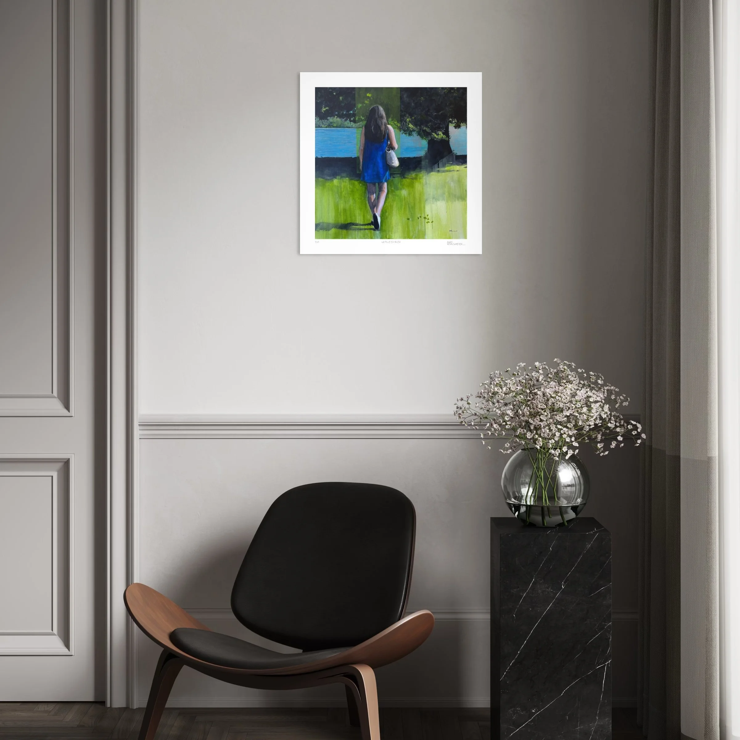 LA FILLE EN BLEU Fine Art Print by Alain Rouschmeyer displayed in a contemporary living room