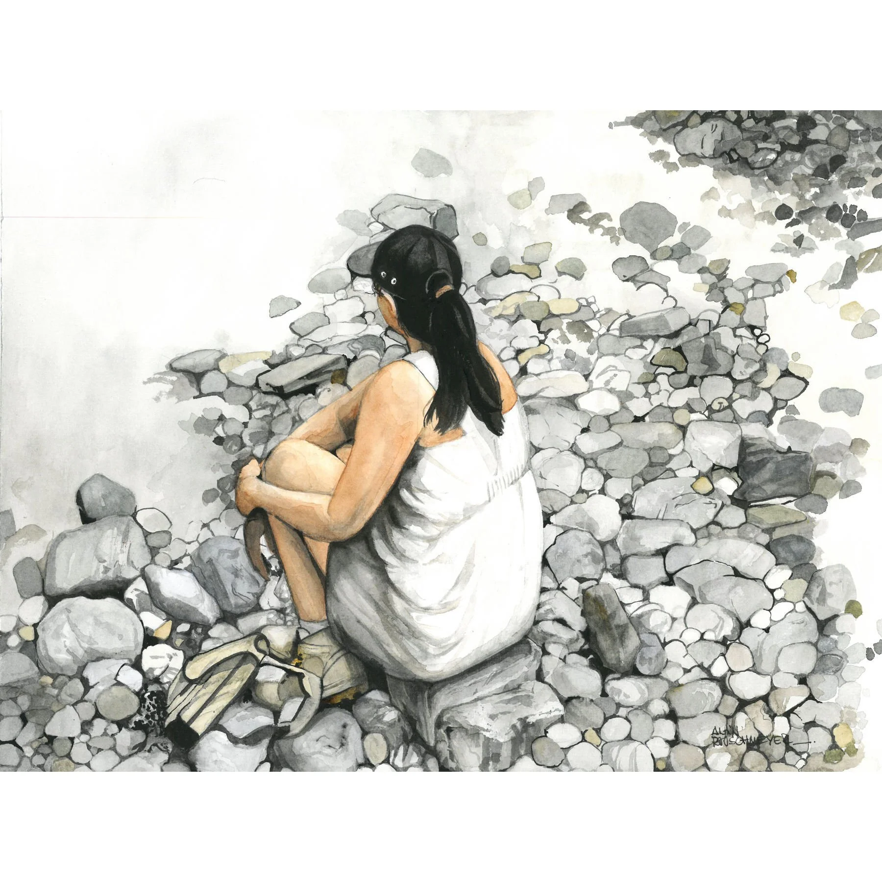 La pause de la randonneuse une aquarelle 30 x 40 qui présent une jeune femme sur le lit d'une rivière en galets par l'artiste Alain Rouschmeyer
