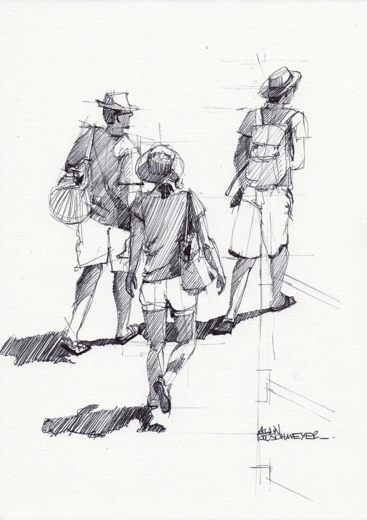 Zone bleue-le croquis au bic noir qui a initié l'oeuvre originale par l'artiste figuratif contemporain Alain Rouschmeyer.