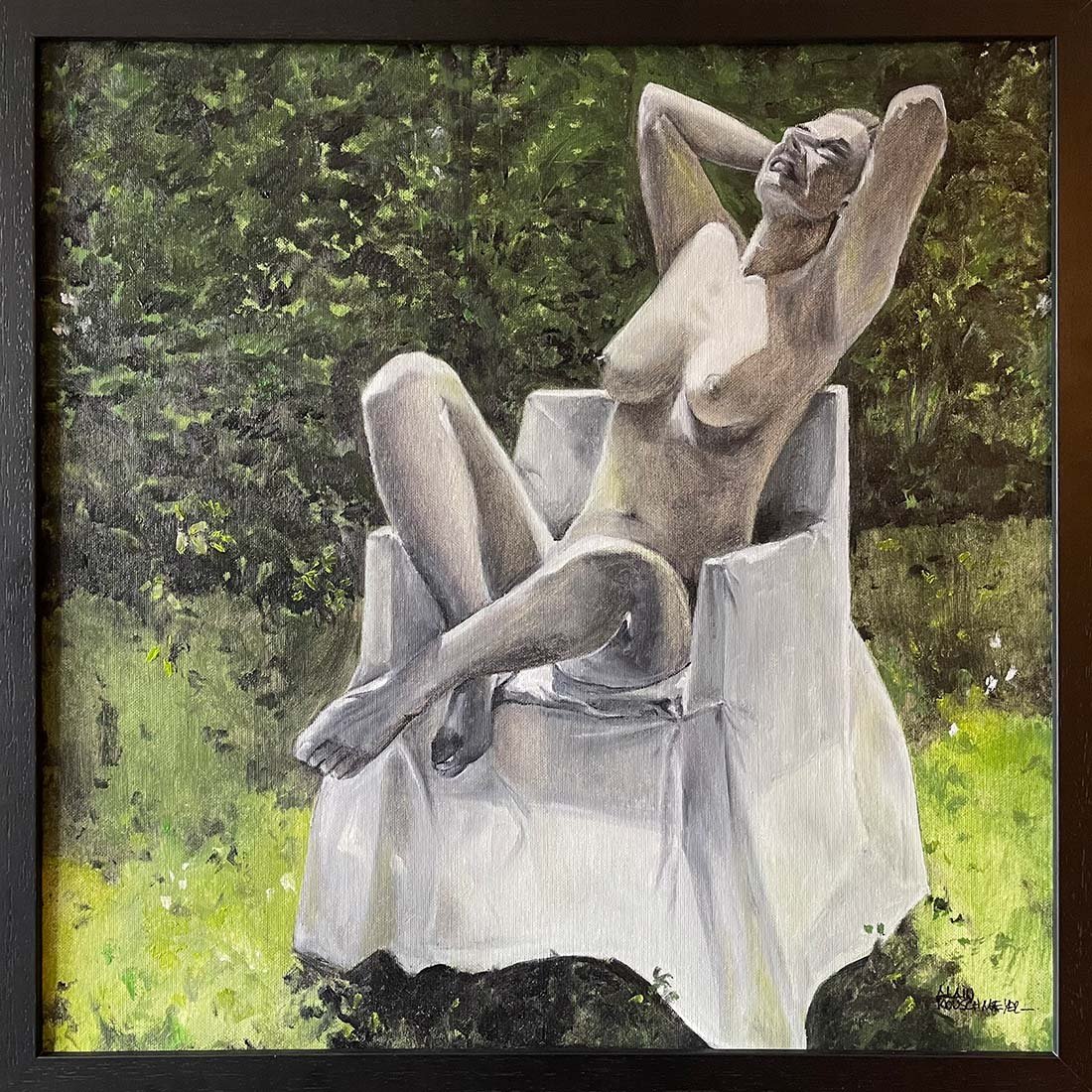 Le fauteuil blanc, au soleil – peinture figurative de nu par Alain Rouschmeyer